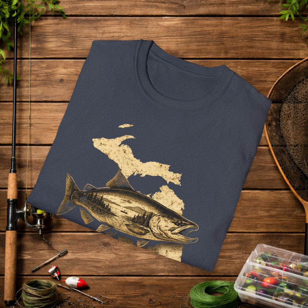 Michigan Salmon Fishing Shirt – Vintage Michigan Angler Tee – Great Lakes Salmon Fishing Apparel – Fisherman Gift