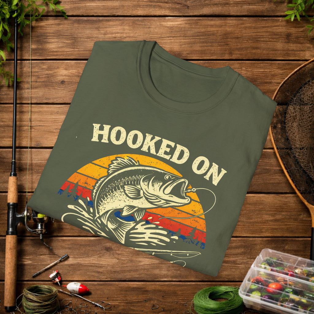 Hooked on Fishing Retro Sunset Shirt – Bass Fishing T-Shirt – Vintage Fisherman Tee – Largemouth Bass Angler Gift
