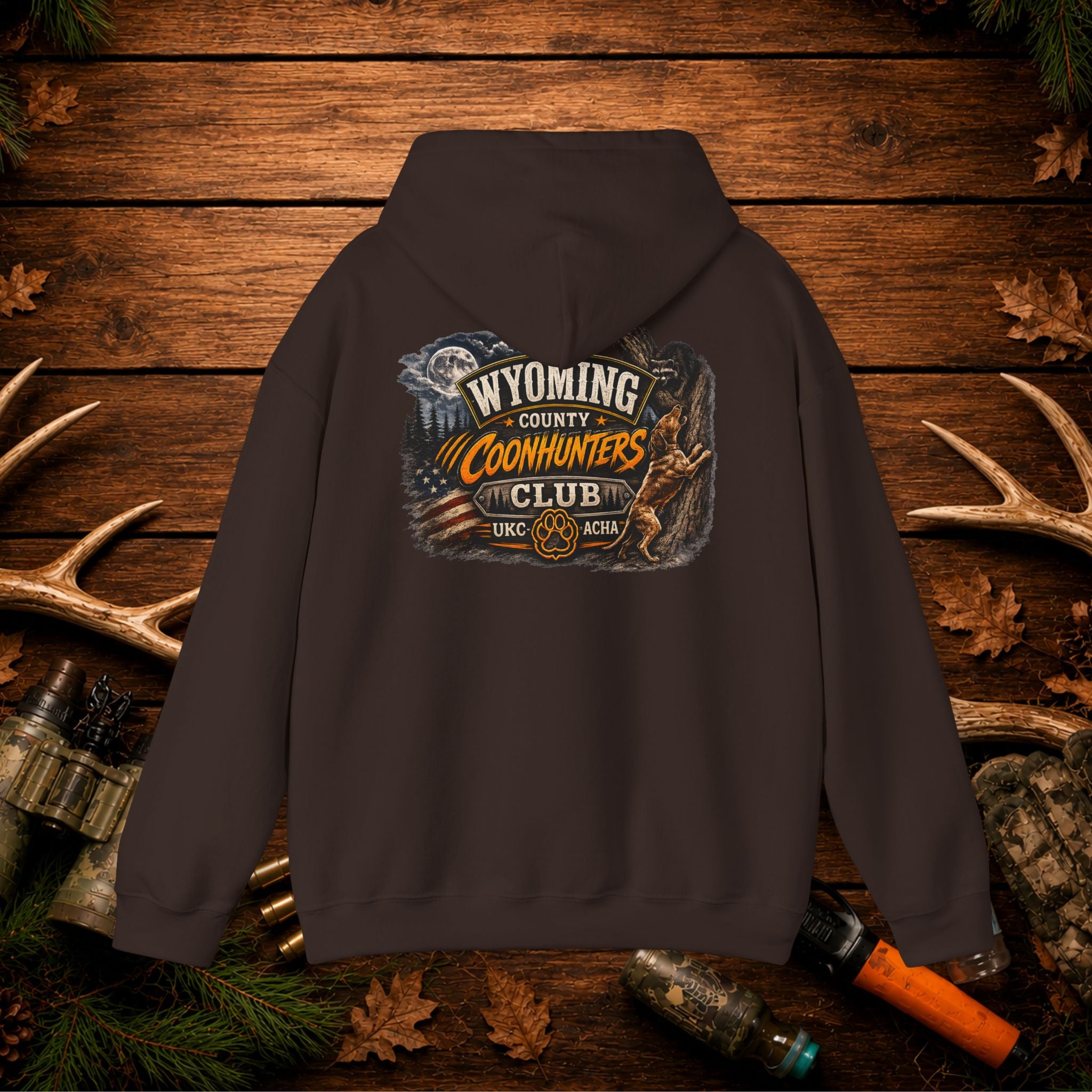 Coonhunters Club Hoodie — Wyoming County Retro Hunting Graphic