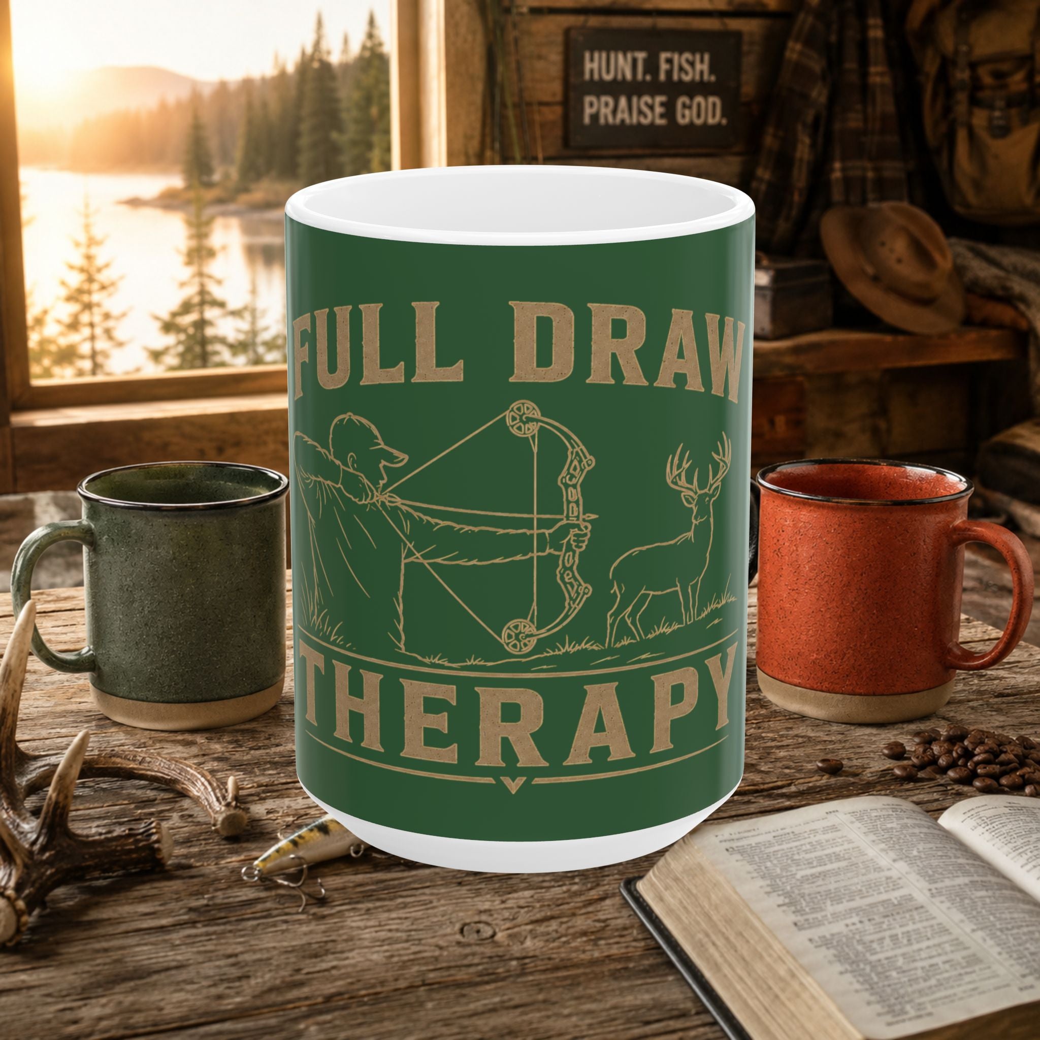 Full Draw Therapy Hunting Mug — Archery Coffee Cup (11oz, 15oz)
