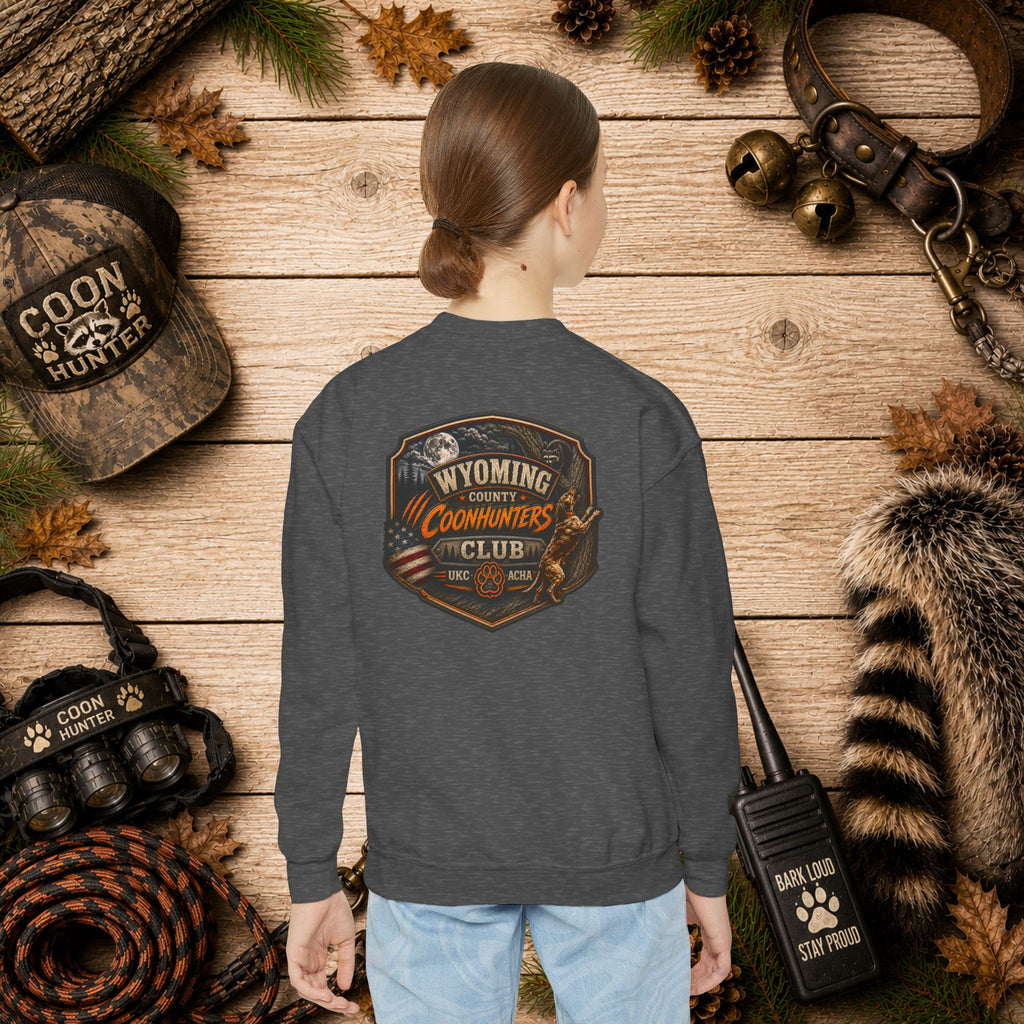 Wyoming Coonhunters Club Youth Crewneck Sweatshirt — Dual Print Banner front/Badge back