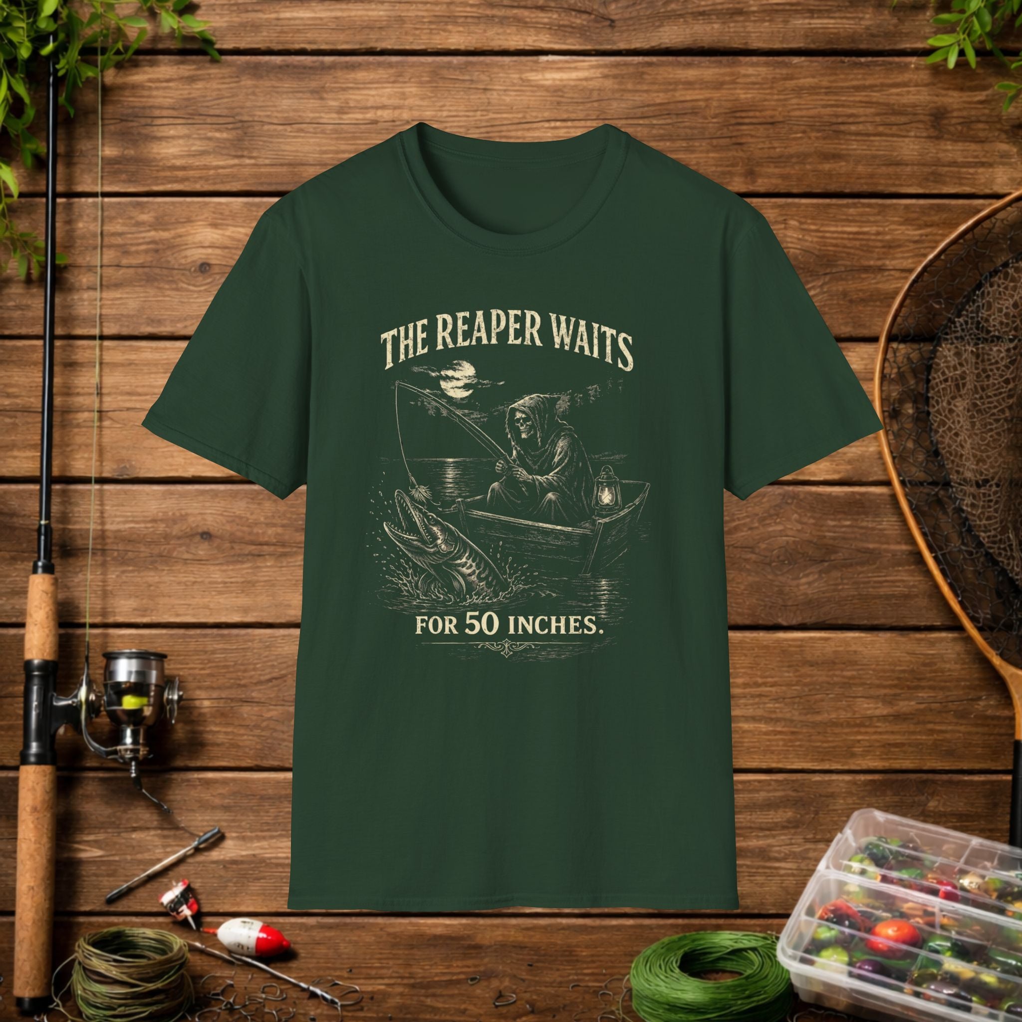Musky Fishing Shirt – The Reaper Waits – Grim Reaper Fishing Tee – Muskie Angler Gift – Dark Fishing T-Shirt