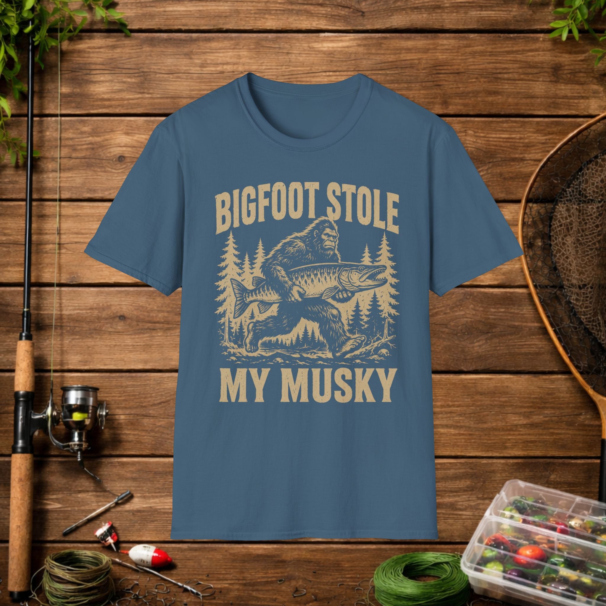 Bigfoot Stole My Musky T-Shirt — Funny Fishing Muskie Tee for Anglers
