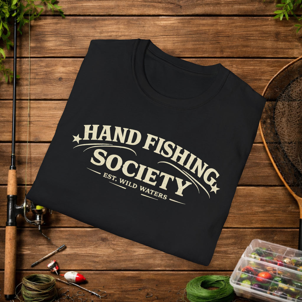 Hand Fishing Society Shirt – Catfish Noodling Tee – Wild Waters Fishing Shirt – River Life Outdoor Apparel