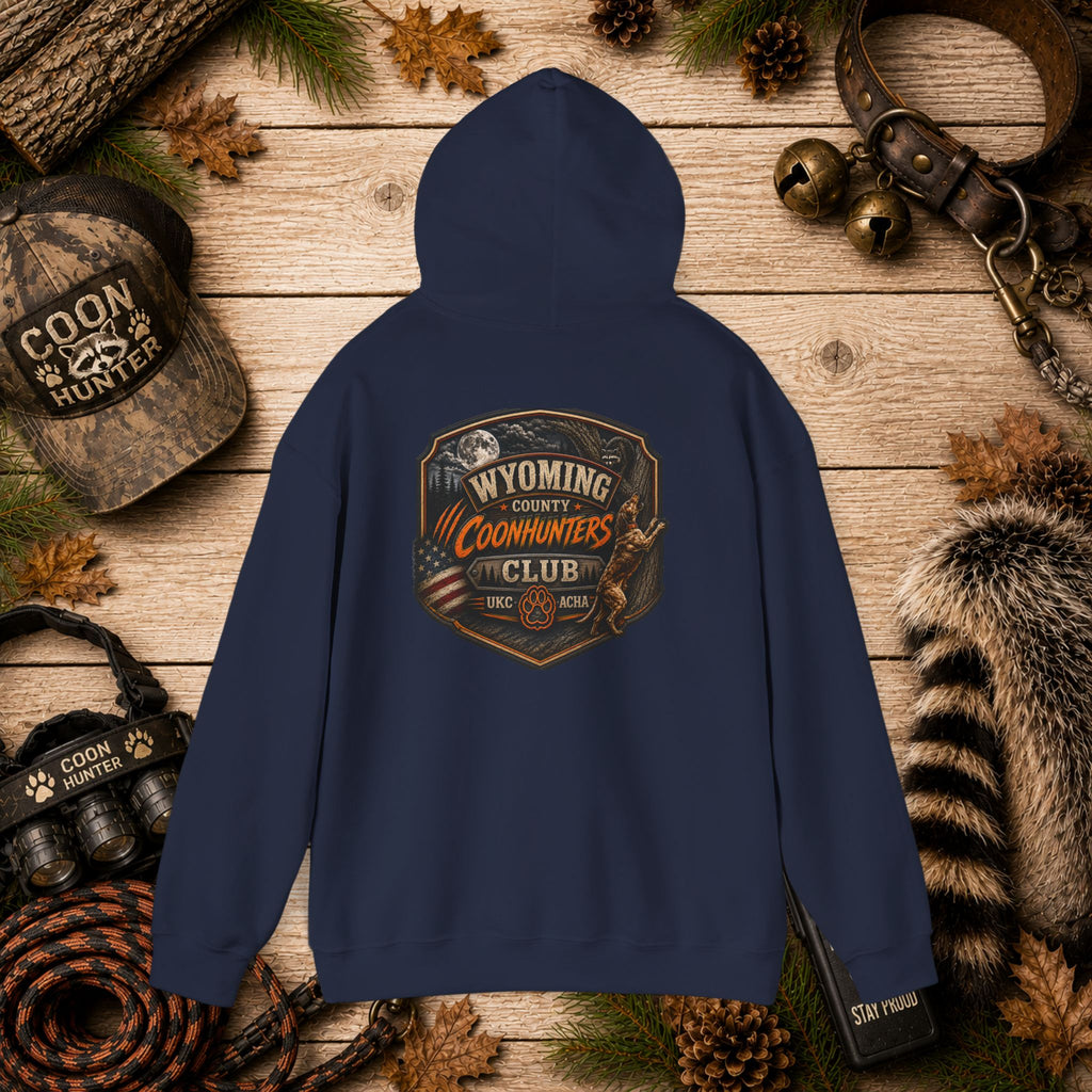 Wyoming County Coonhunters Club Hoodie – Rustic Hunting Badge Sweatshirt