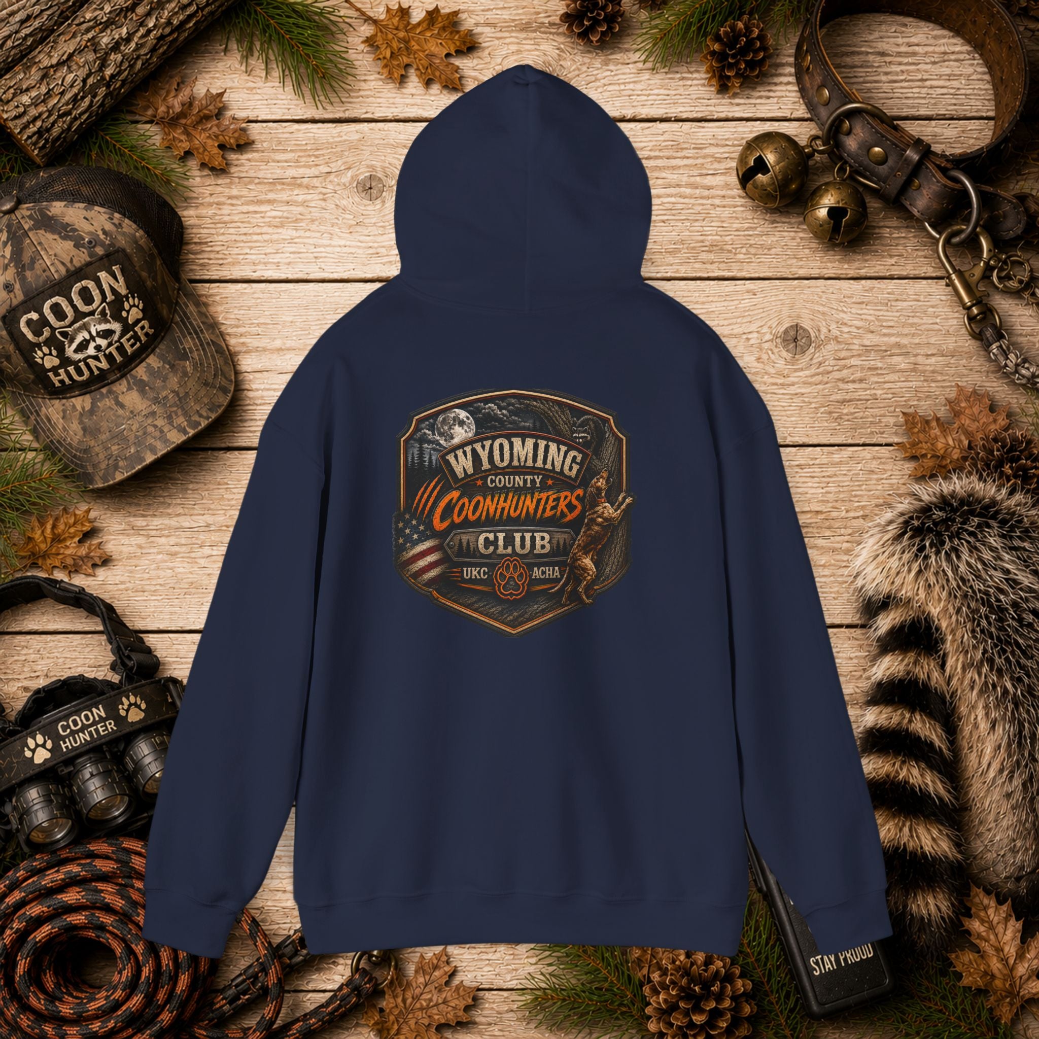 Wyoming County Coonhunters Club Hoodie – Rustic Hunting Badge Sweatshirt