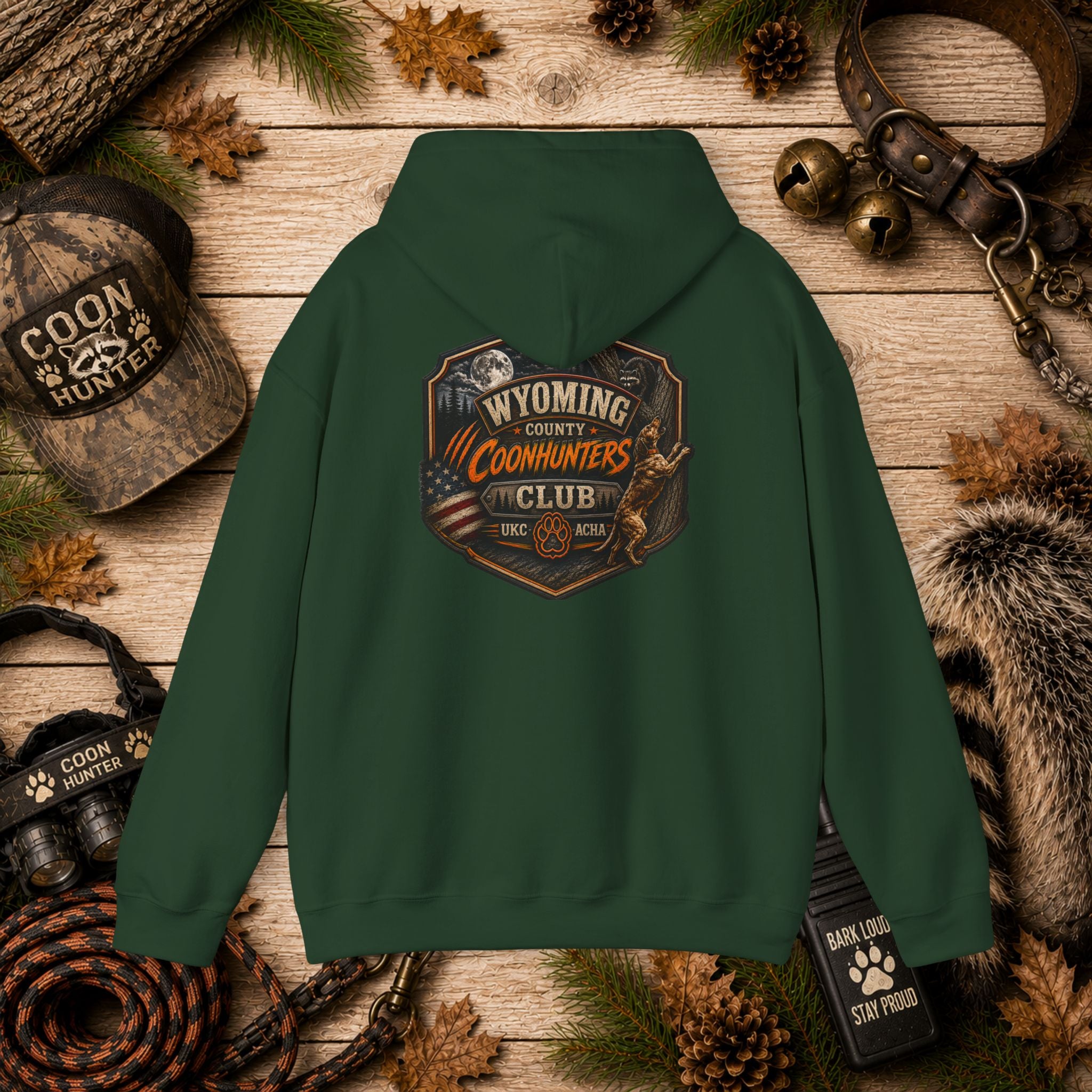 Wyoming County Coonhunters Club Hoodie – Rustic Hunting Badge Sweatshirt