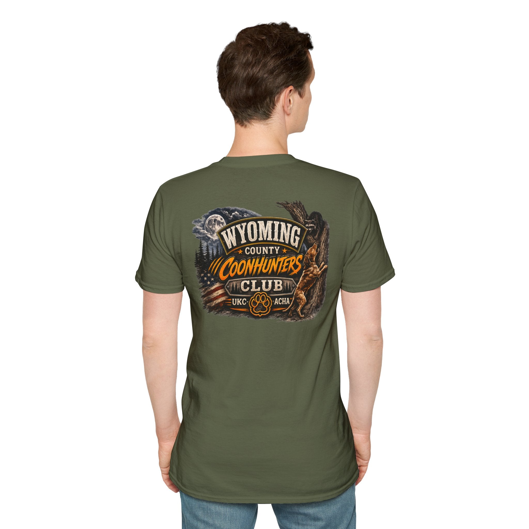 Wyoming Coonhunters Club T‑Shirt — front Badge with banner backTee