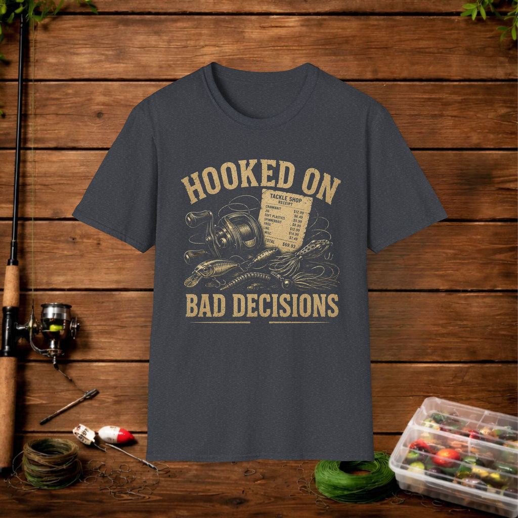 Hooked On Bad Decisions T‑Shirt — Funny Fishing Graphic Tee for Anglers & Outdoors