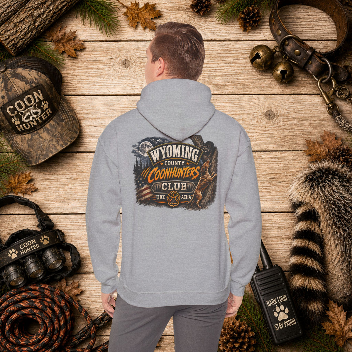 Wyoming Coonhunters Club Hoodie – Dual print badge front/banner back
