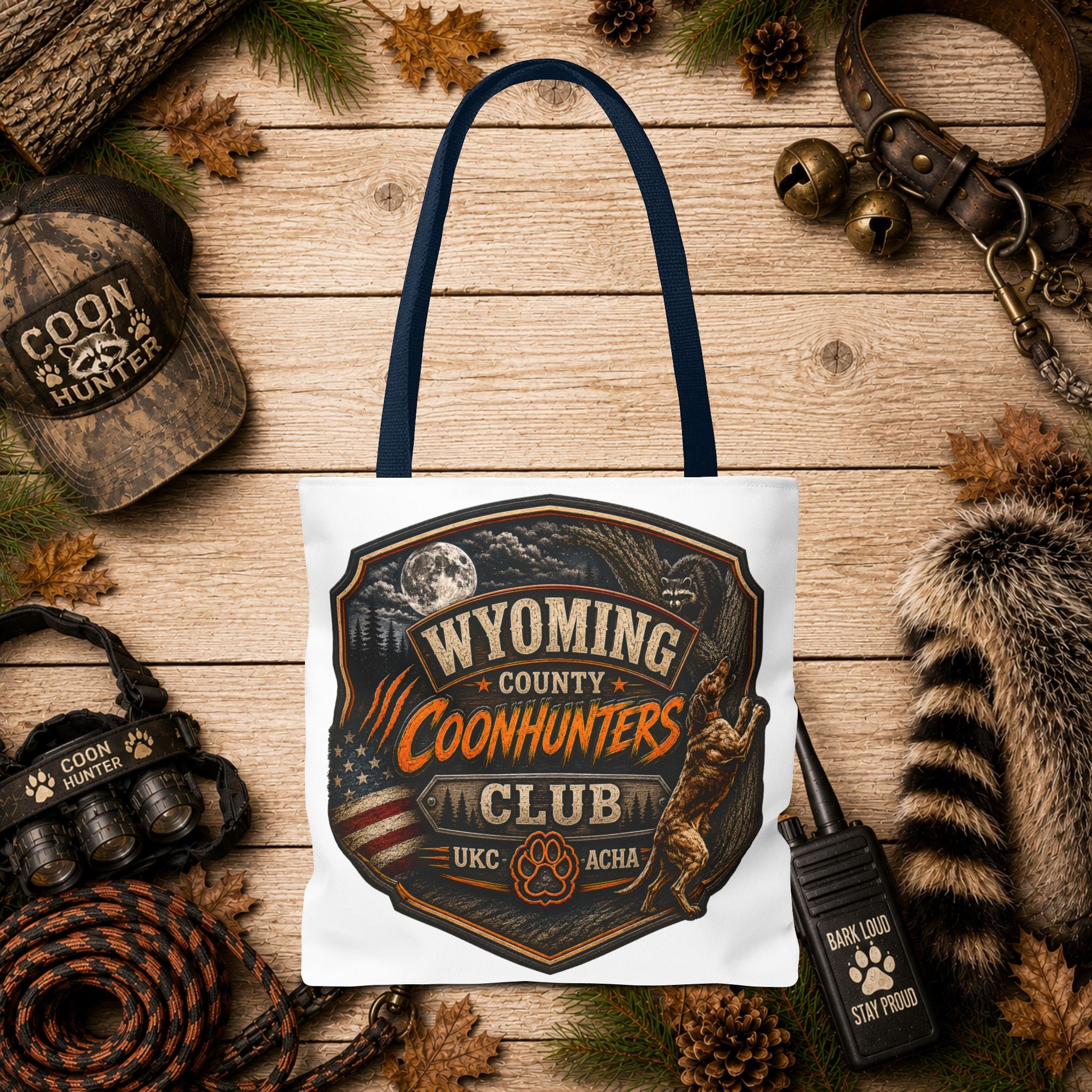 Coonhunters Club Wyoming Tote Bag — Vintage Hunting Patch Design