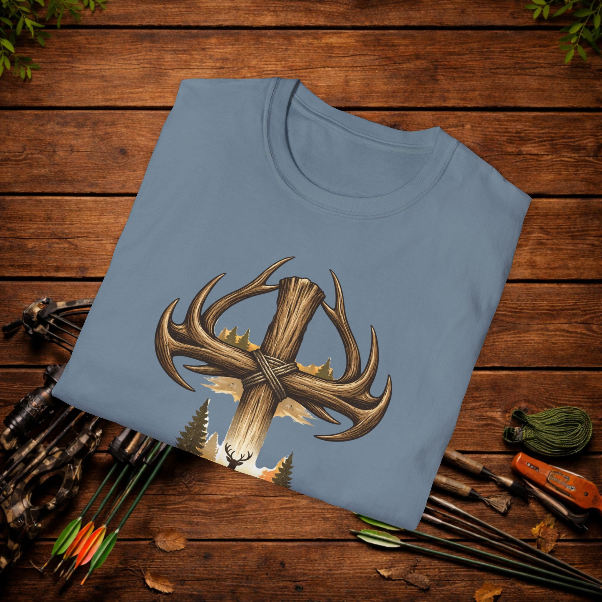 Christian Deer Hunting Shirt – Cross with Antlers Whitetail Tee – Faith Hunting Apparel – Rustic Outdoor Shirt