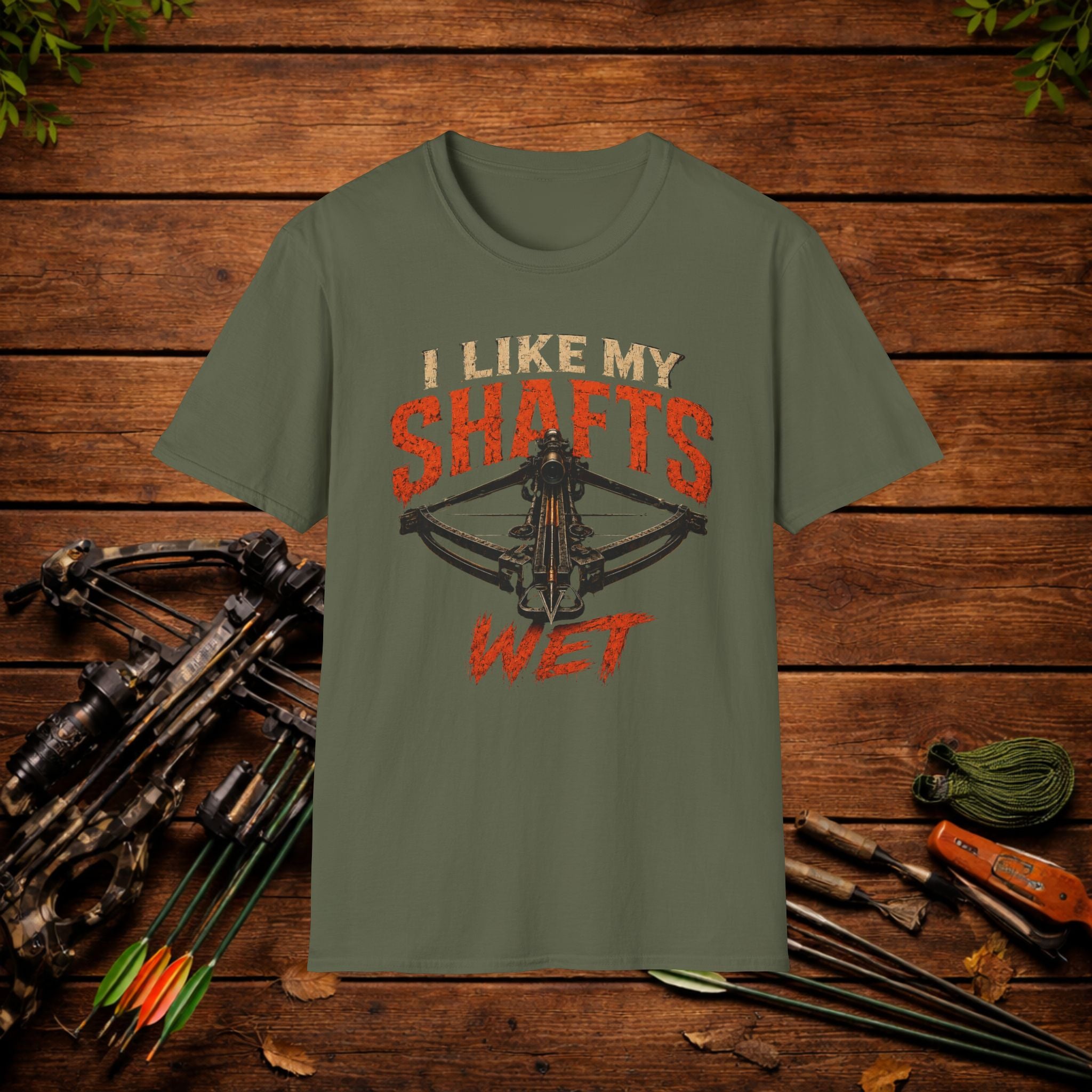 Graphic T-Shirt — "I Like My Shafts Wet" Crossbow Hunting Tee