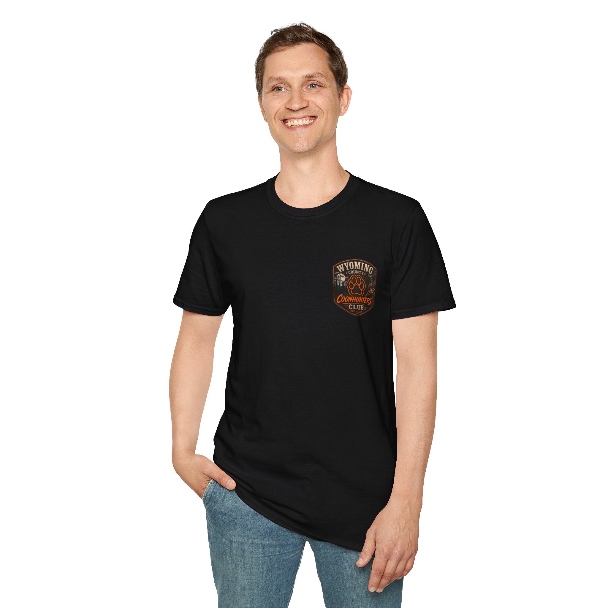 Wyoming Coonhunters Club T‑Shirt — front Badge with banner backTee