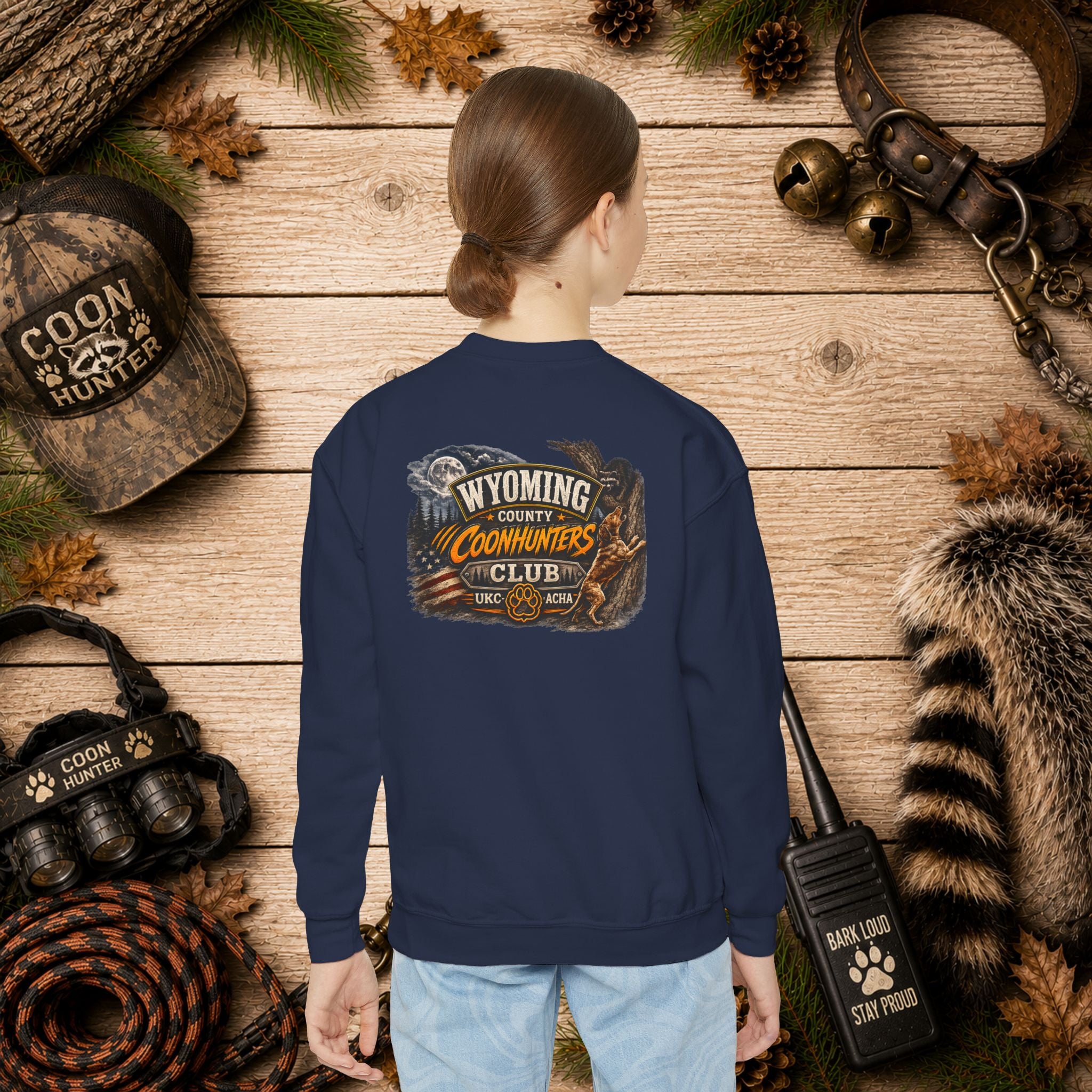 Youth Crewneck Sweatshirt — Wyoming Coonhunters Club Vintage Hunting Graphic Dual print Badge front/Banner back