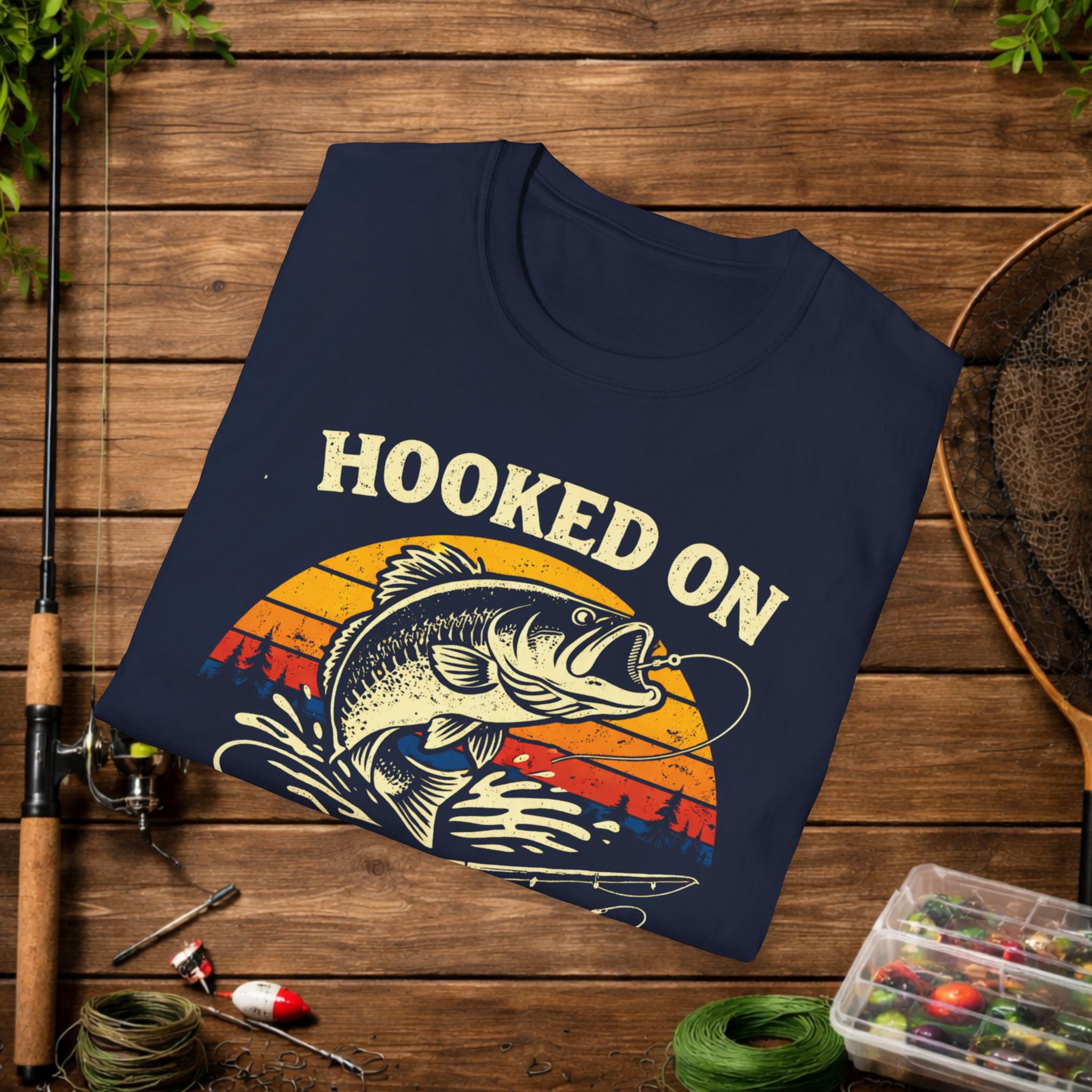 Hooked on Fishing Retro Sunset Shirt – Bass Fishing T-Shirt – Vintage Fisherman Tee – Largemouth Bass Angler Gift