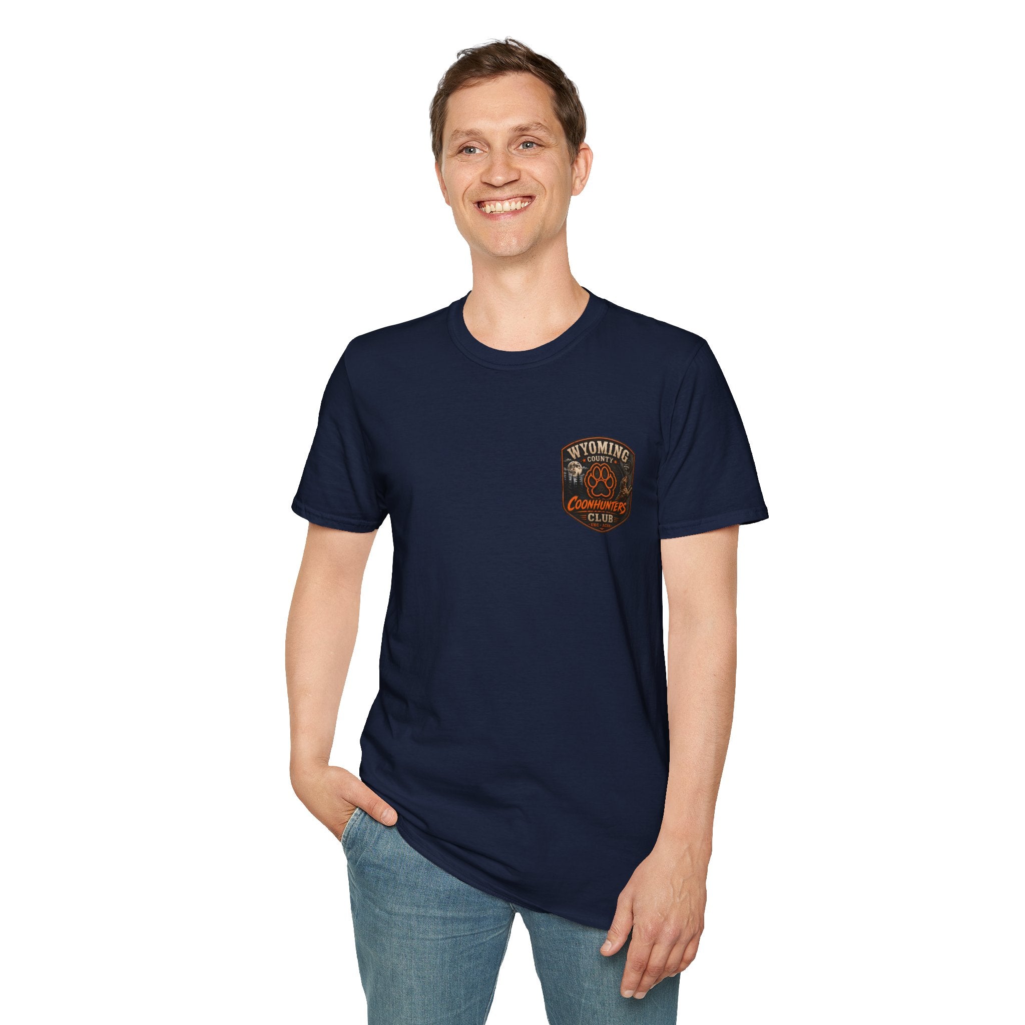 Wyoming Coonhunters Club T‑Shirt — front Badge with banner backTee