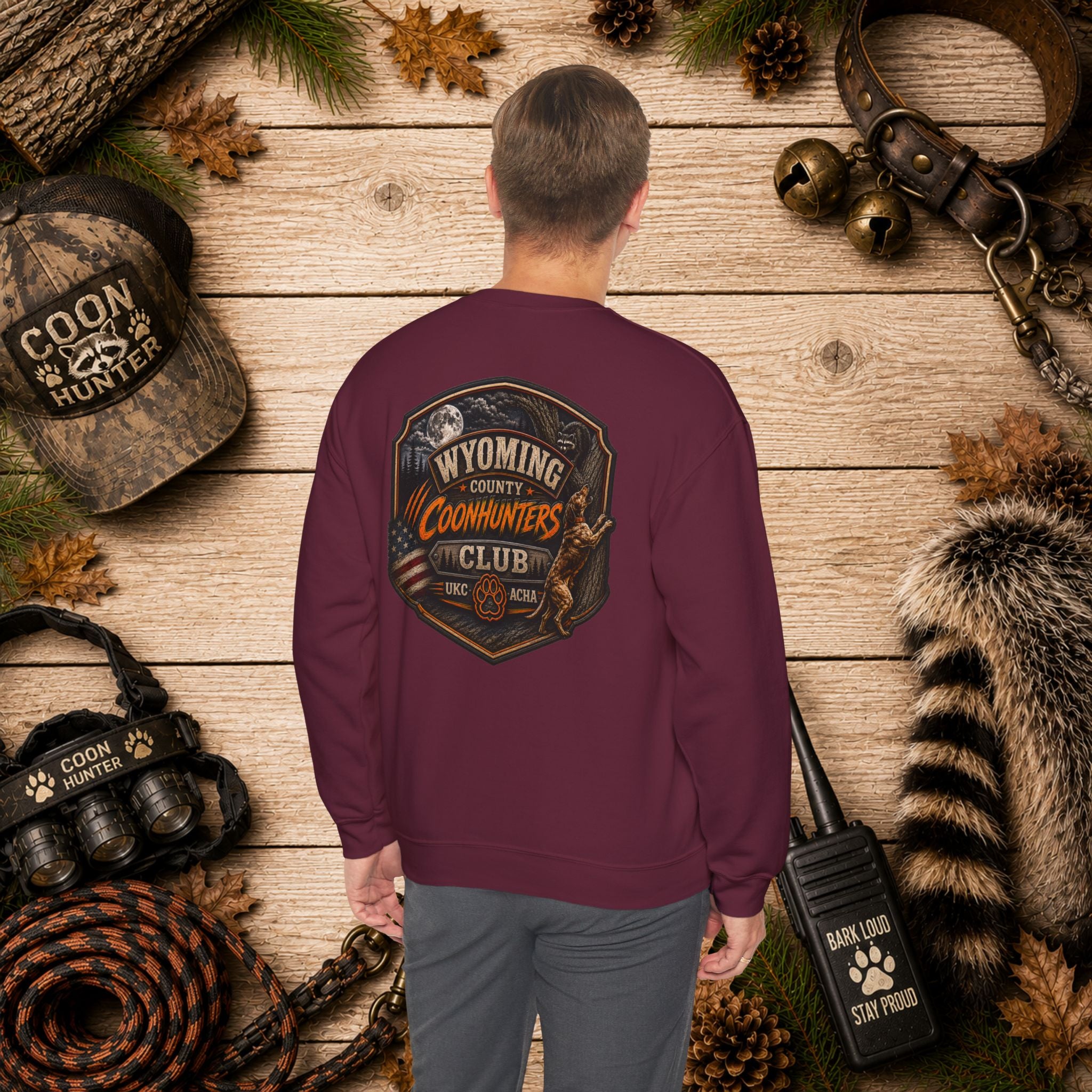 Coonhunters Club Crewneck Sweatshirt - Wyoming County Vintage Hunting Badge