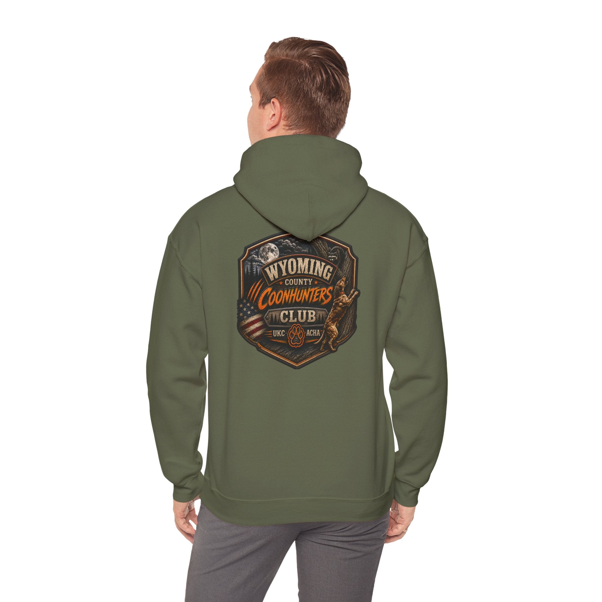 Wyoming Coonhunters Club Hoodie – Vintage Coon Hunting Graphic Dual print Banner front/Badge Back