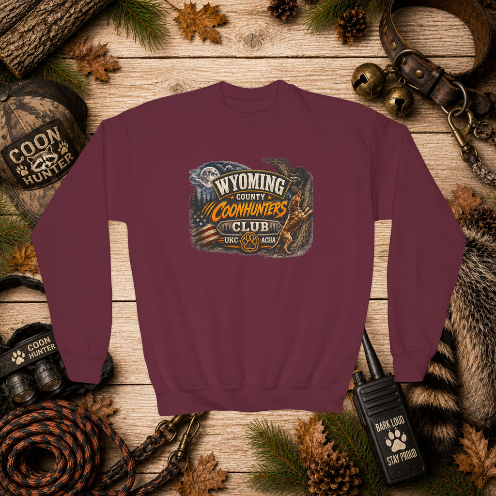 Wyoming Coonhunters Club Youth Crewneck Sweatshirt — Dual Print Banner front/Badge back