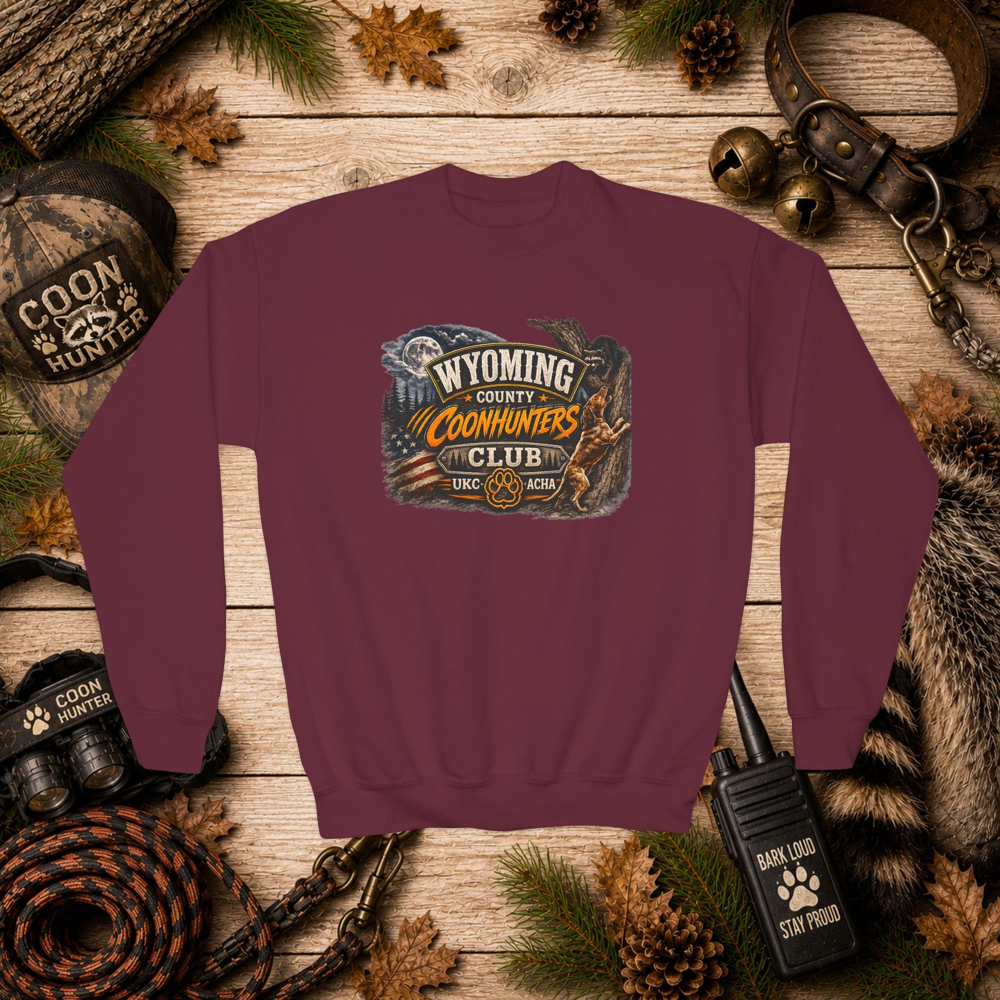 Wyoming Coonhunters Club Youth Crewneck Sweatshirt — Dual Print Banner front/Badge back