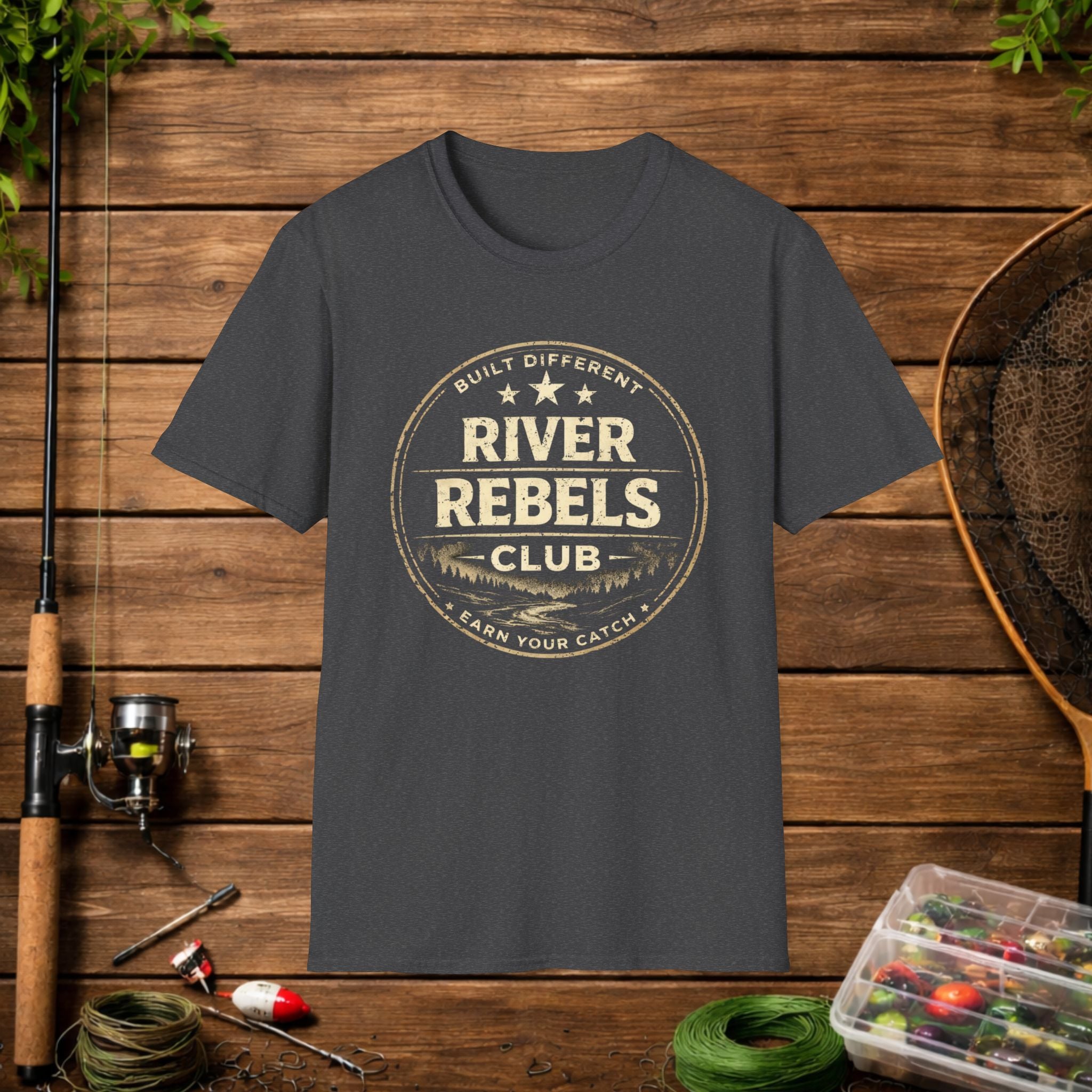River Rebels Club Shirt – Built Different Fishing Tee – Earn Your Catch Outdoor Shirt – Rustic River Life Apparel