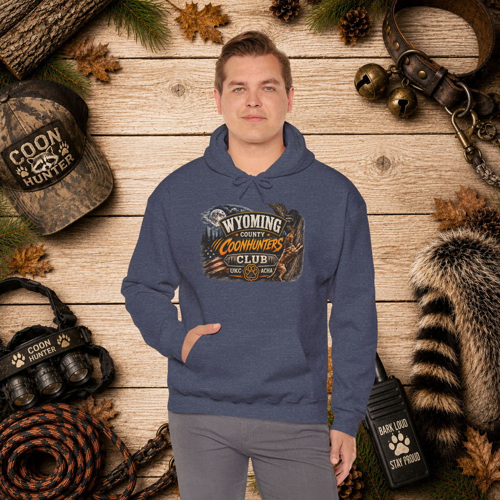 Wyoming Coonhunters Club Hoodie – Vintage Coon Hunting Graphic Dual print Banner front/Badge Back