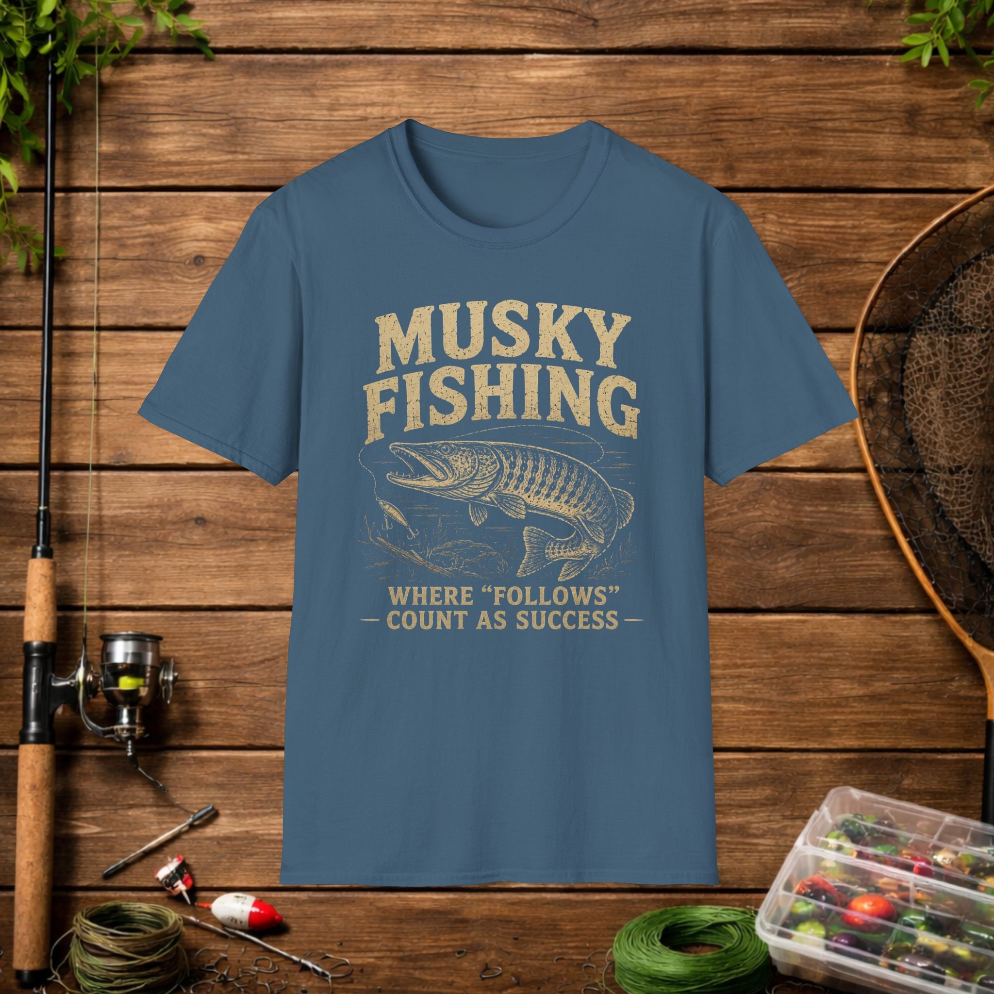 Musky Fishing T-Shirt – "Where 'Follows' Count As Success" Vintage Angler Tee