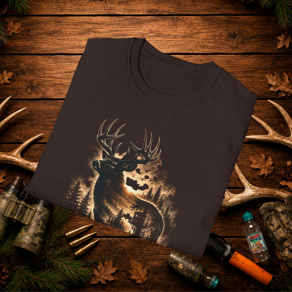 Ghosts of the Woods Deer Graphic T-Shirt — Moonlit Stag Forest Hunting Tee