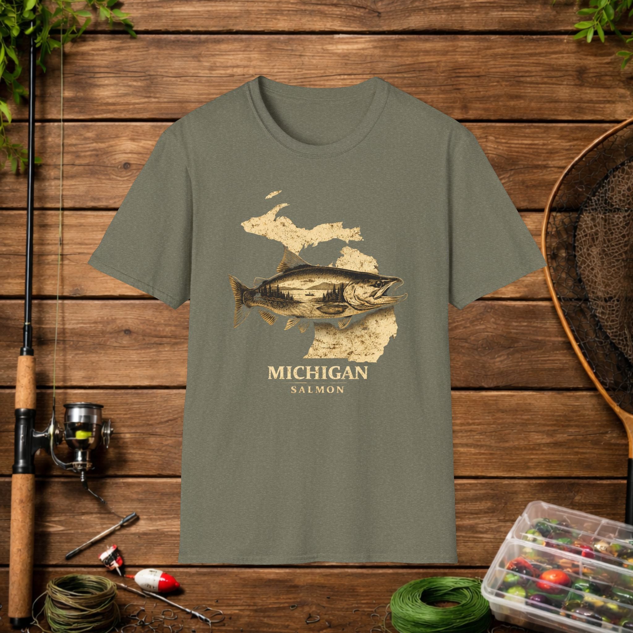Michigan Salmon Fishing Shirt – Vintage Michigan Angler Tee – Great Lakes Salmon Fishing Apparel – Fisherman Gift