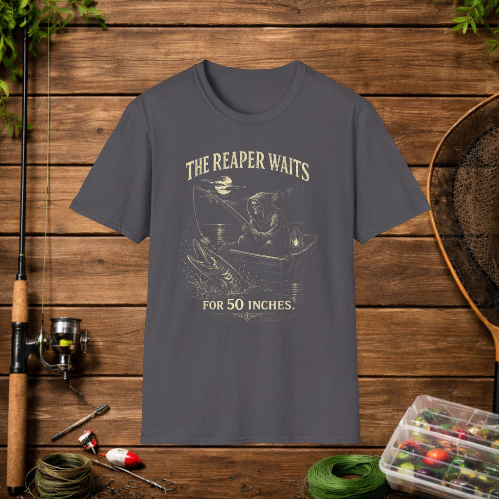 Musky Fishing Shirt – The Reaper Waits – Grim Reaper Fishing Tee – Muskie Angler Gift – Dark Fishing T-Shirt