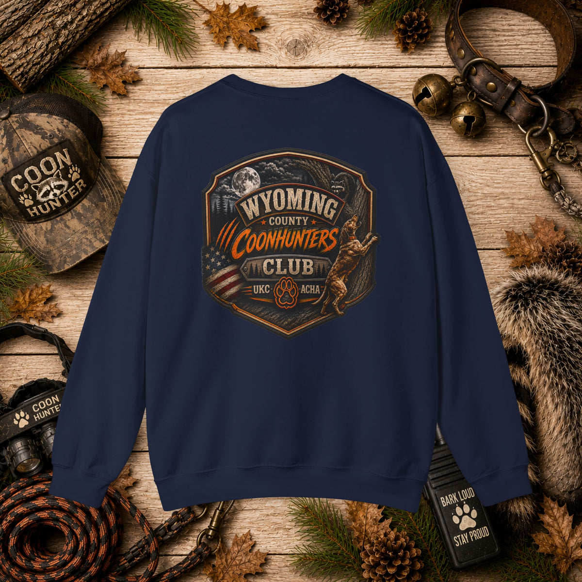 Coonhunters Club Crewneck Sweatshirt - Wyoming County Vintage Hunting Badge