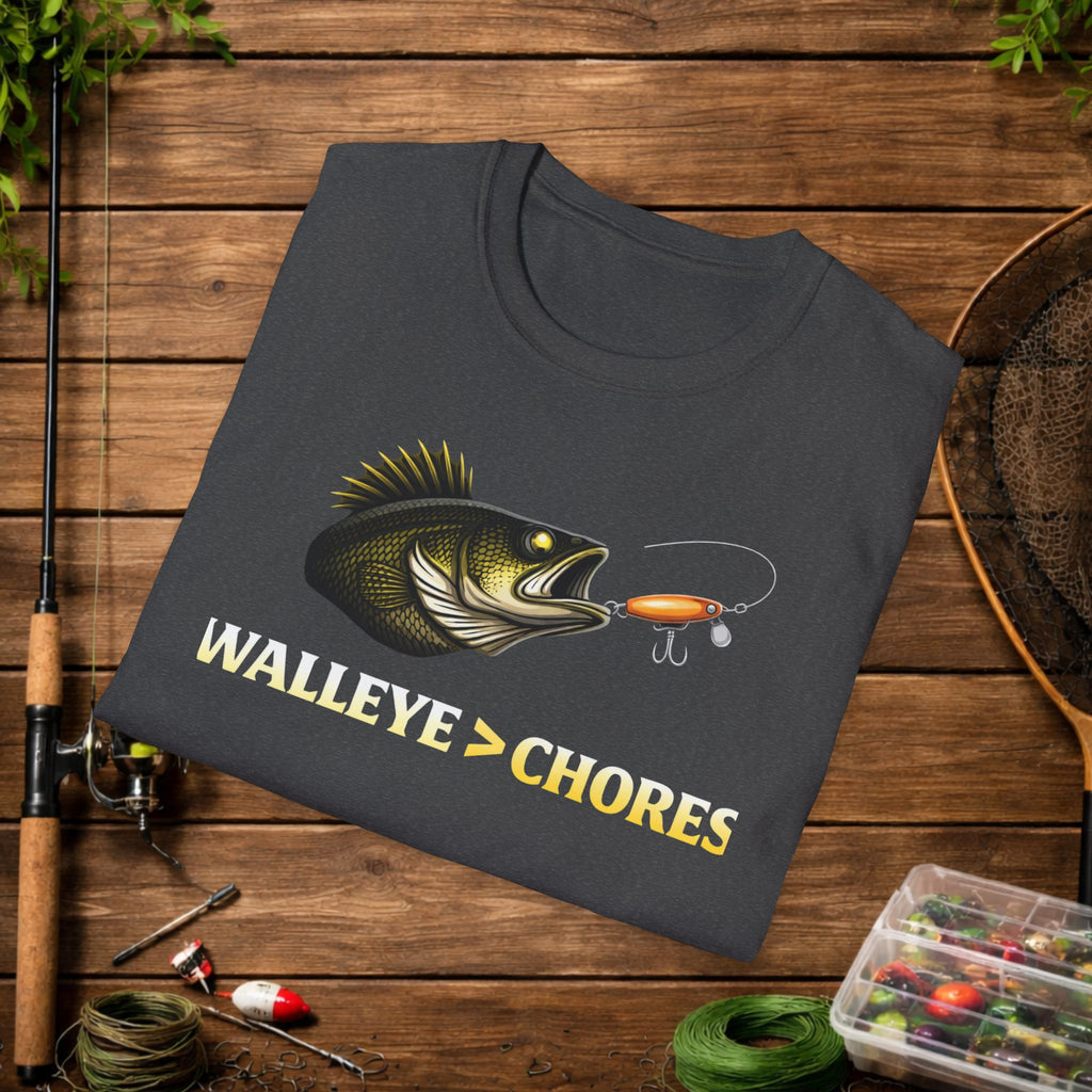 Walleye Over Chores Fishing Shirt – Funny Walleye Angler Tee – Walleye > Chores Shirt – Fisherman Gift