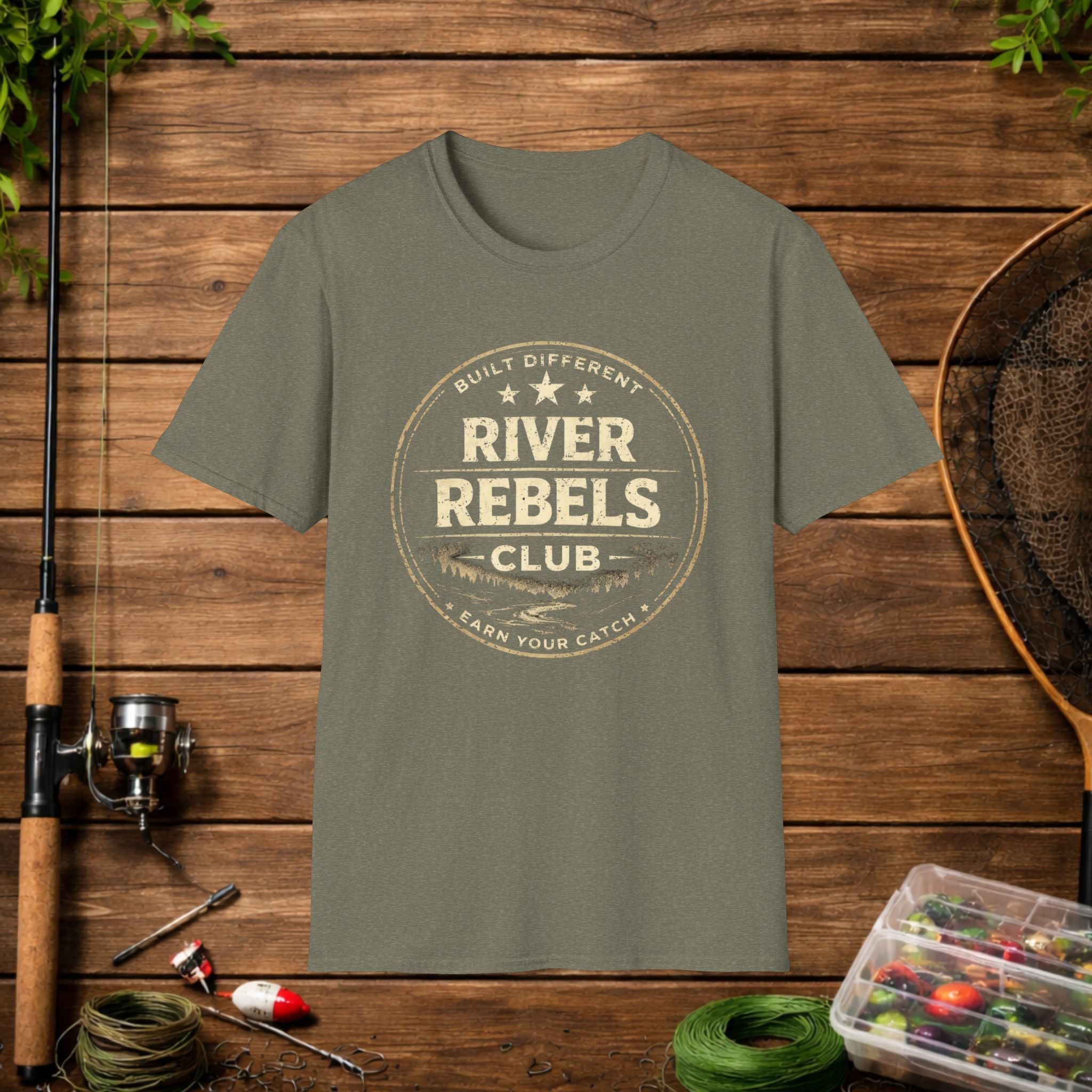 River Rebels Club Shirt – Built Different Fishing Tee – Earn Your Catch Outdoor Shirt – Rustic River Life Apparel