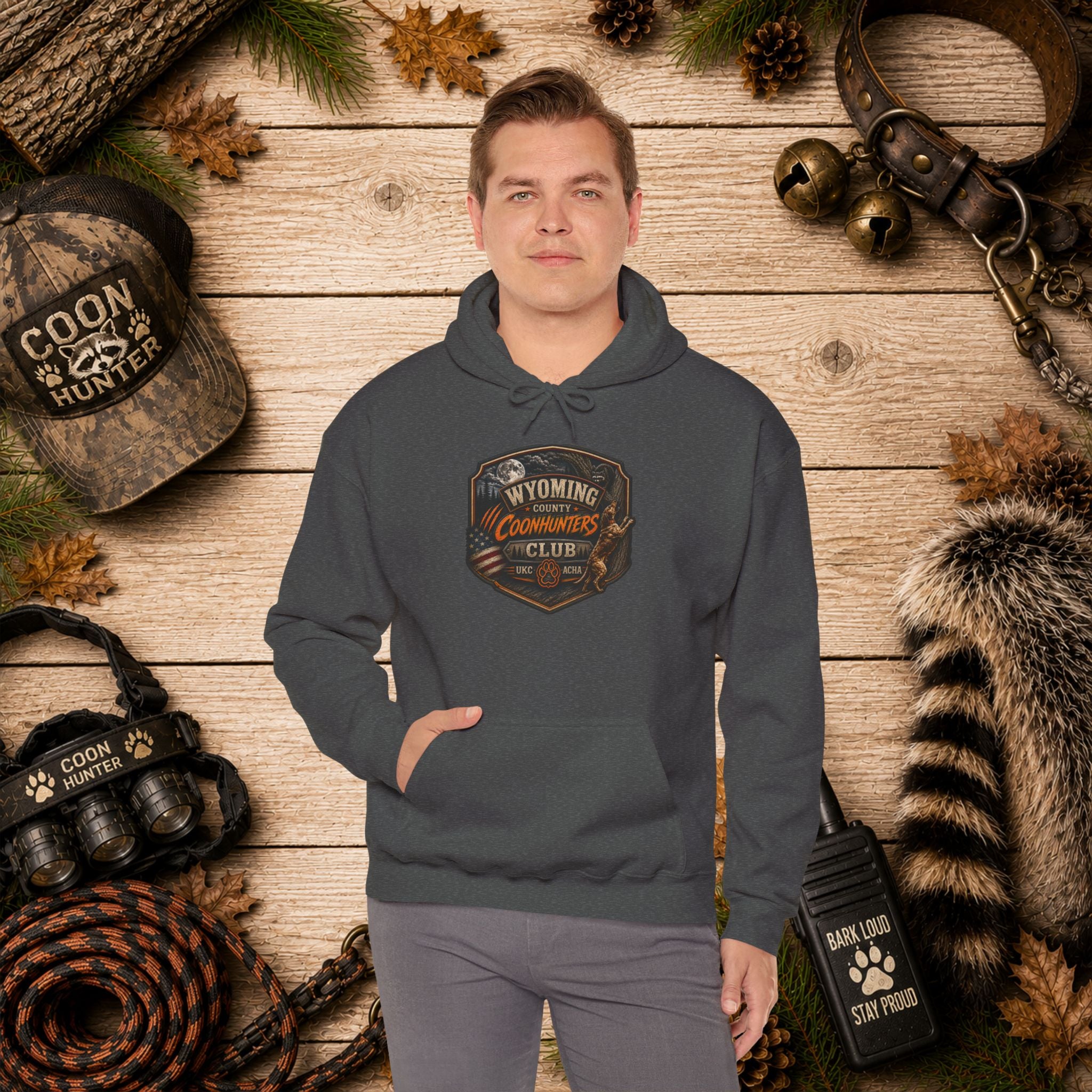 Wyoming Coonhunters Club Hoodie – Dual print badge front/banner back