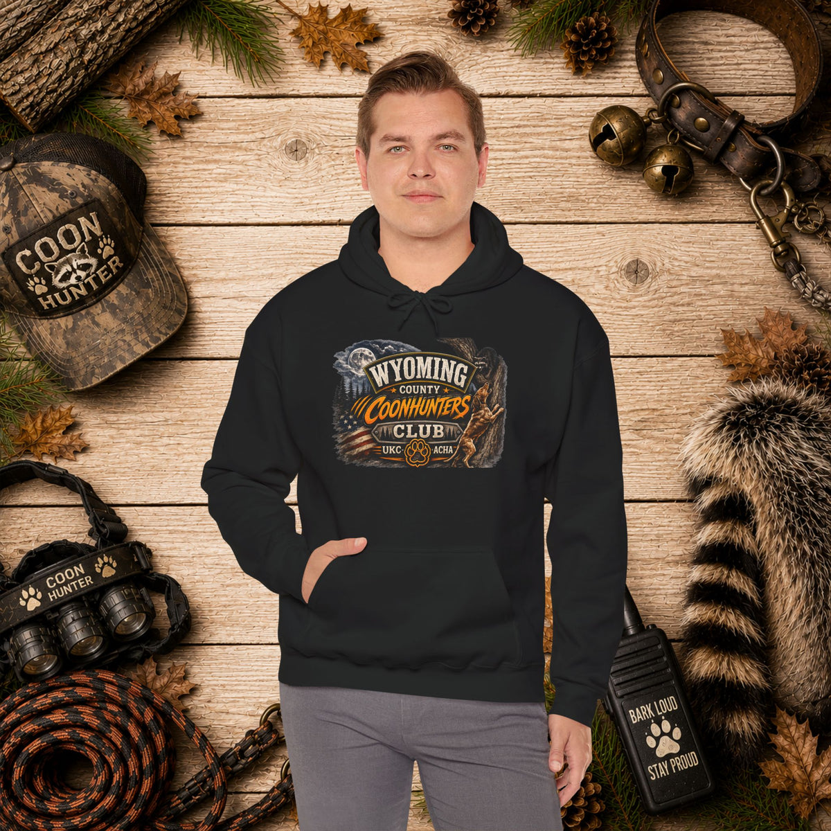 Wyoming Coonhunters Club Hoodie – Vintage Coon Hunting Graphic Dual print Banner front/Badge Back