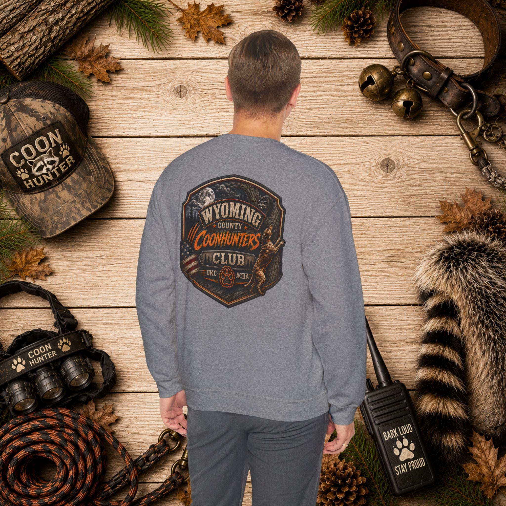 Coonhunters Club Crewneck Sweatshirt - Wyoming County Vintage Hunting Badge