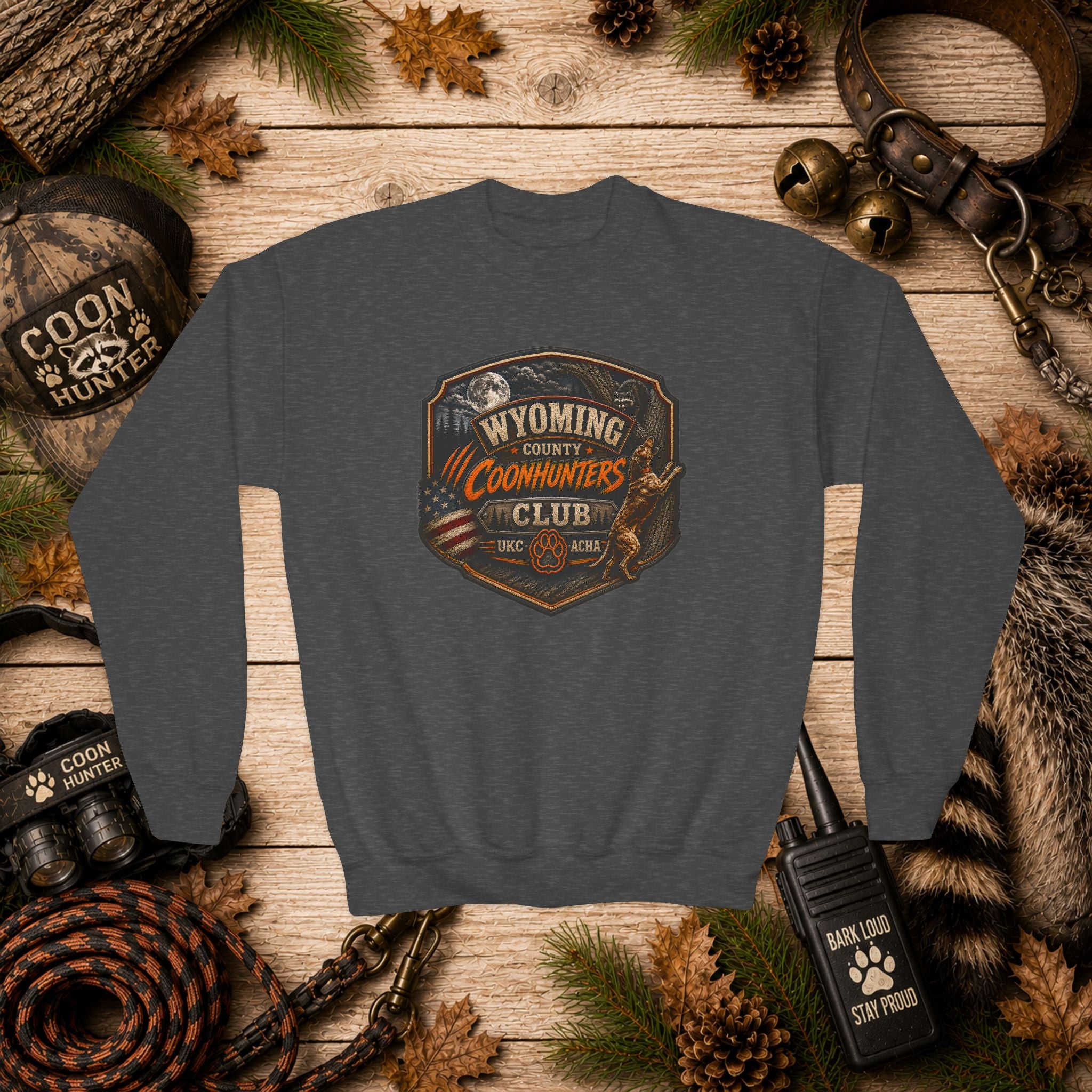 Youth Crewneck Sweatshirt — Wyoming Coonhunters Club Vintage Hunting Graphic Dual print Badge front/Banner back