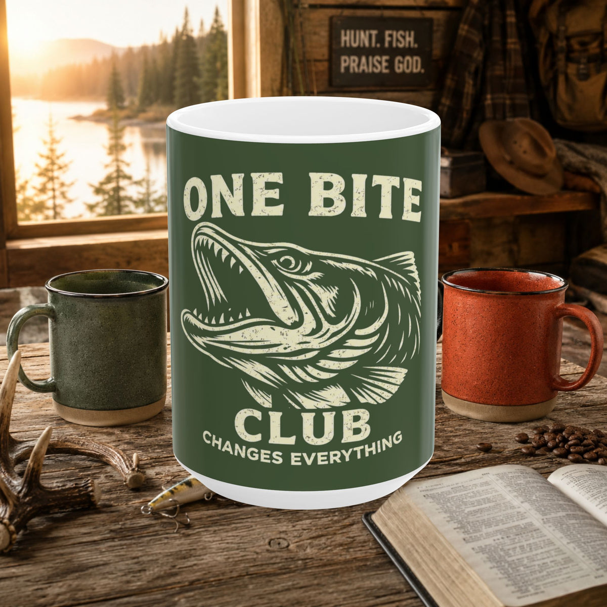 One Bite Club Fishing Coffee Mug – Changes Everything, 15oz