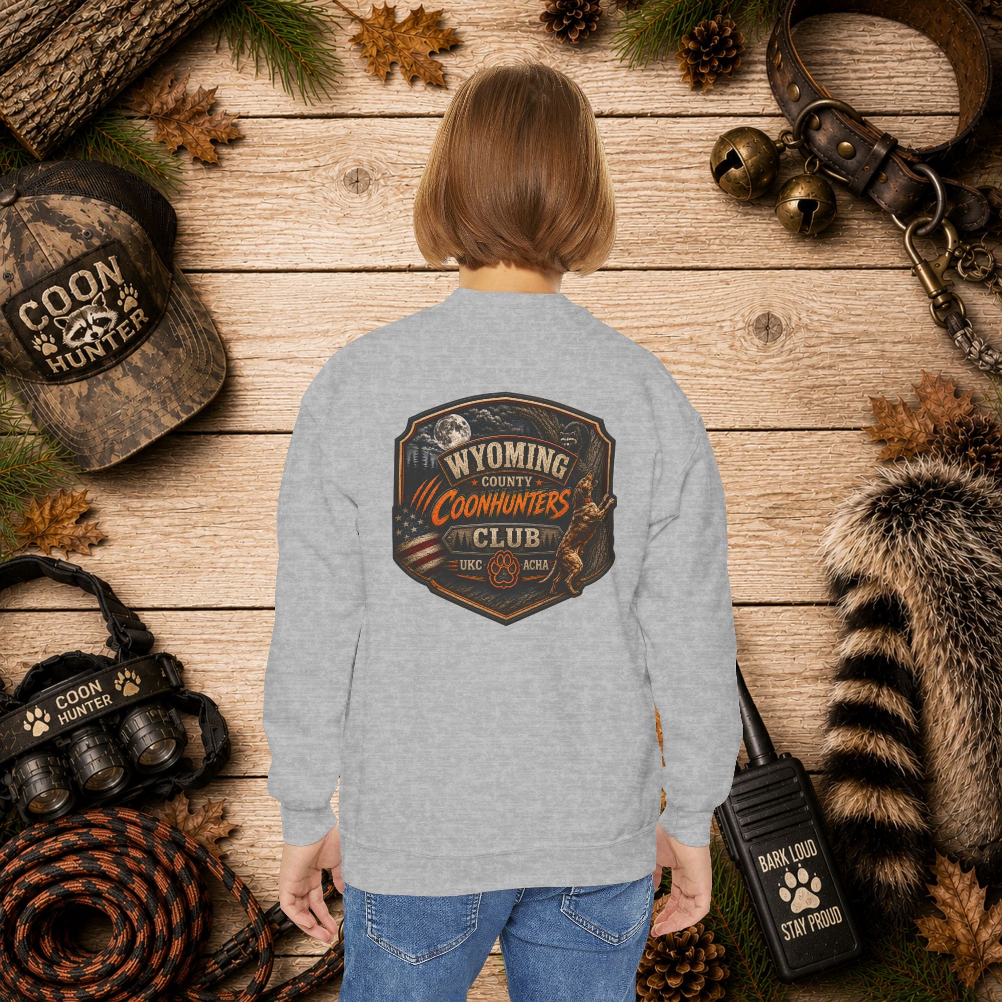 Youth Crewneck Sweatshirt — Wyoming County Coonhunters Club Graphic