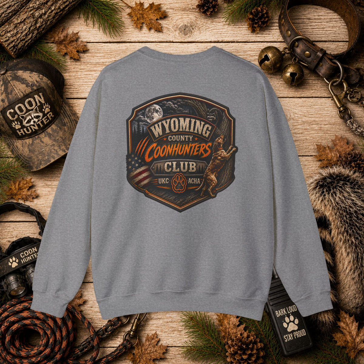 Coonhunters Club Crewneck Sweatshirt - Wyoming County Vintage Hunting Badge