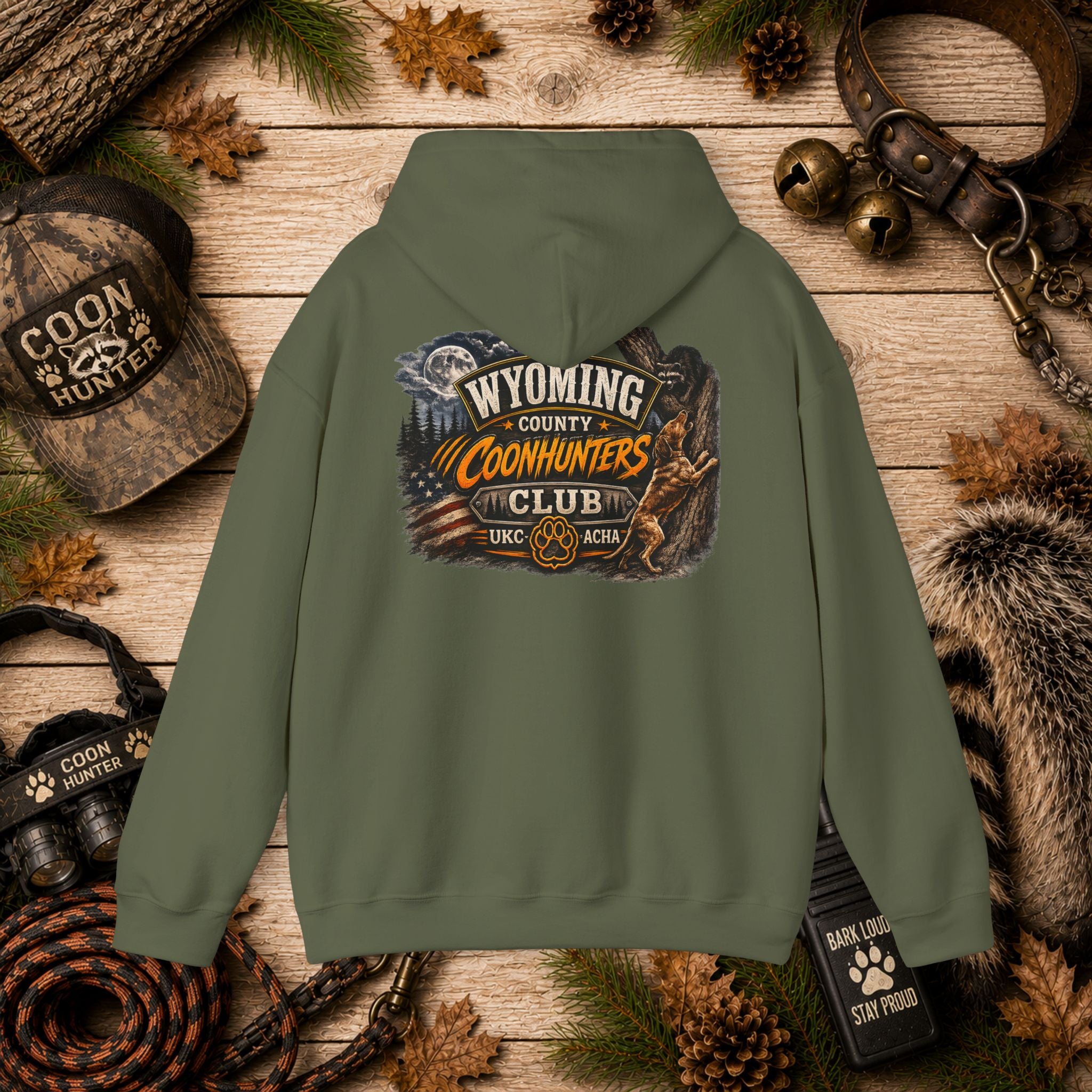 Wyoming Coonhunters Club Hoodie – Dual print badge front/banner back