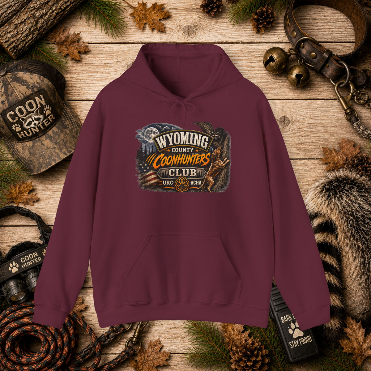 Wyoming Coonhunters Club Hoodie – Vintage Coon Hunting Graphic Dual print Banner front/Badge Back