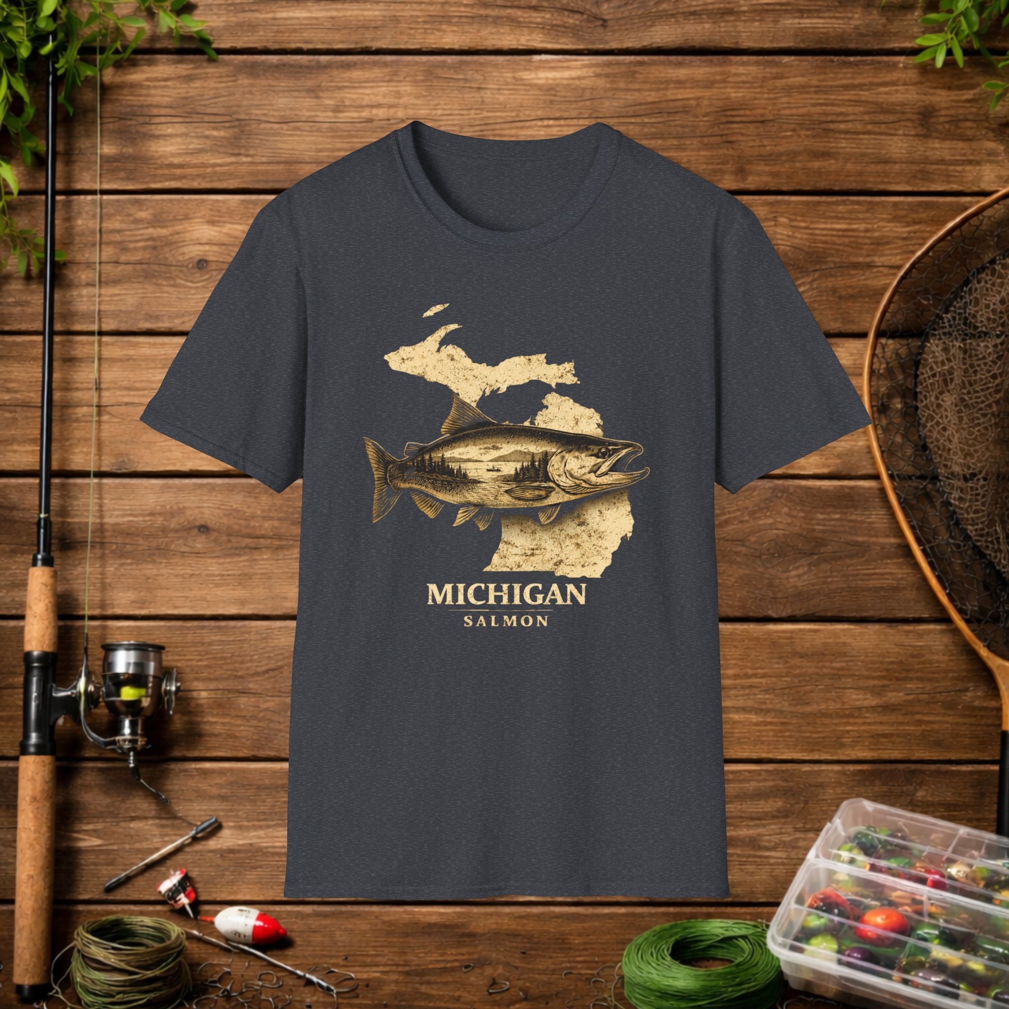 Michigan Salmon Fishing Shirt – Vintage Michigan Angler Tee – Great Lakes Salmon Fishing Apparel – Fisherman Gift