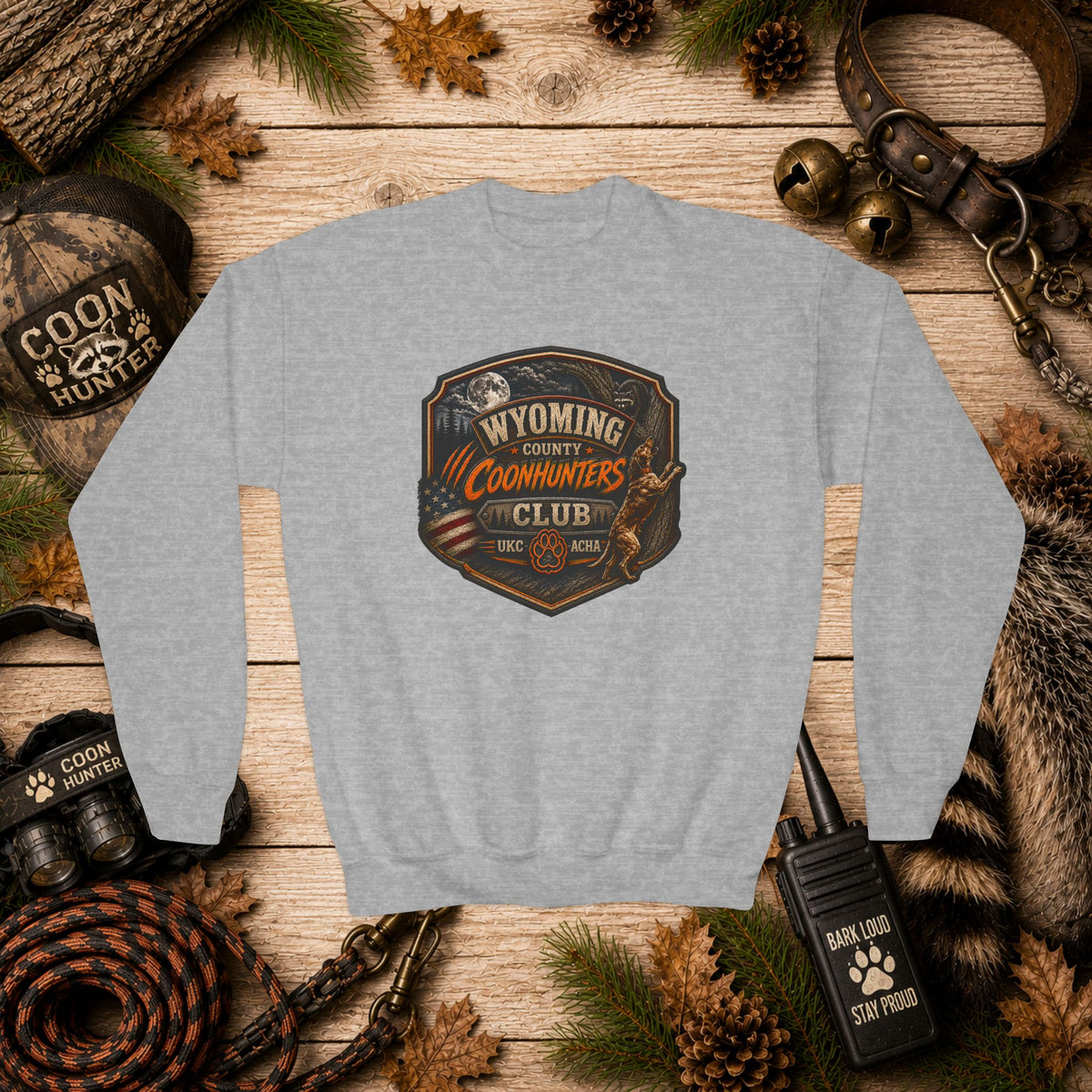 Youth Crewneck Sweatshirt — Wyoming Coonhunters Club Vintage Hunting Graphic Dual print Badge front/Banner back