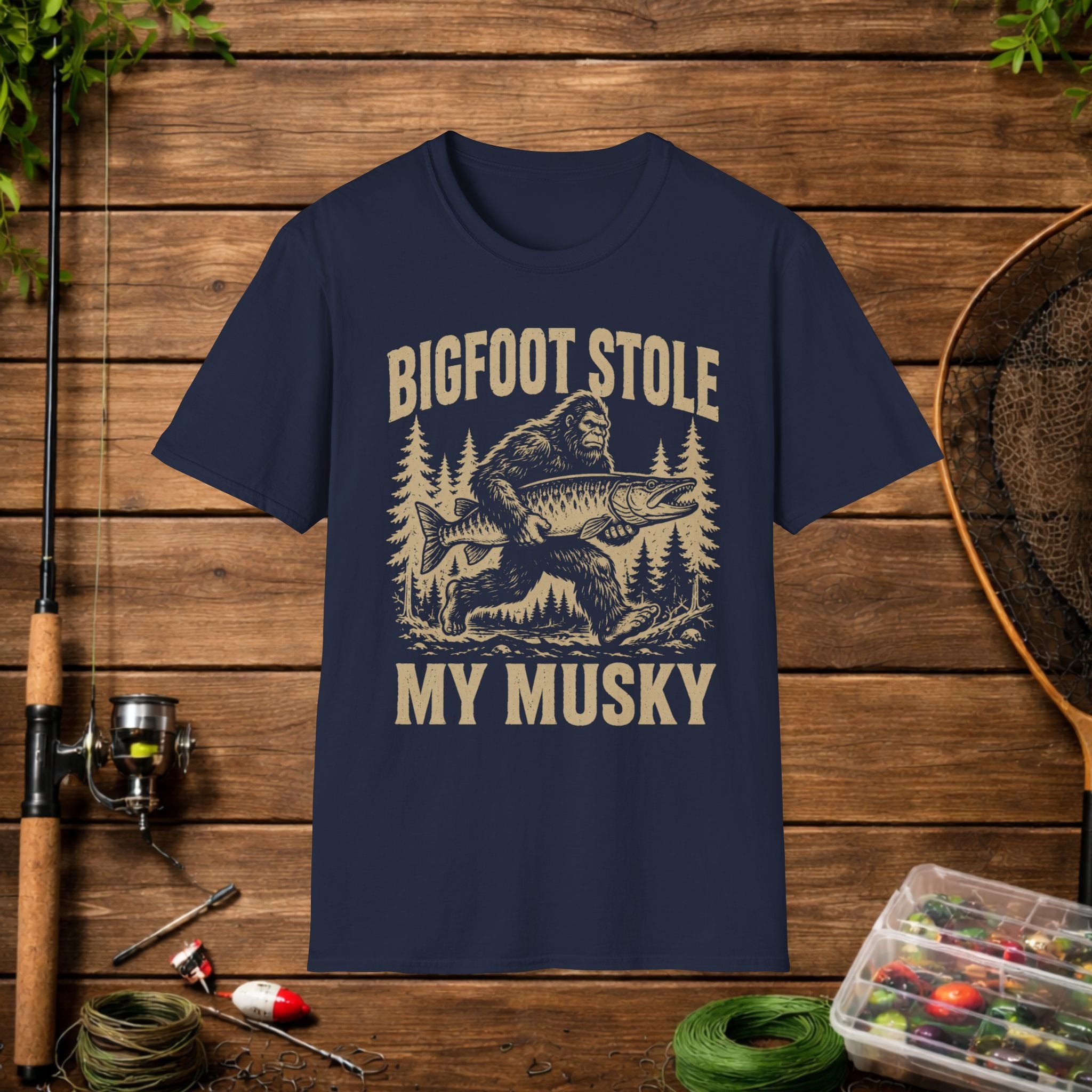 Bigfoot Stole My Musky T-Shirt — Funny Fishing Muskie Tee for Anglers