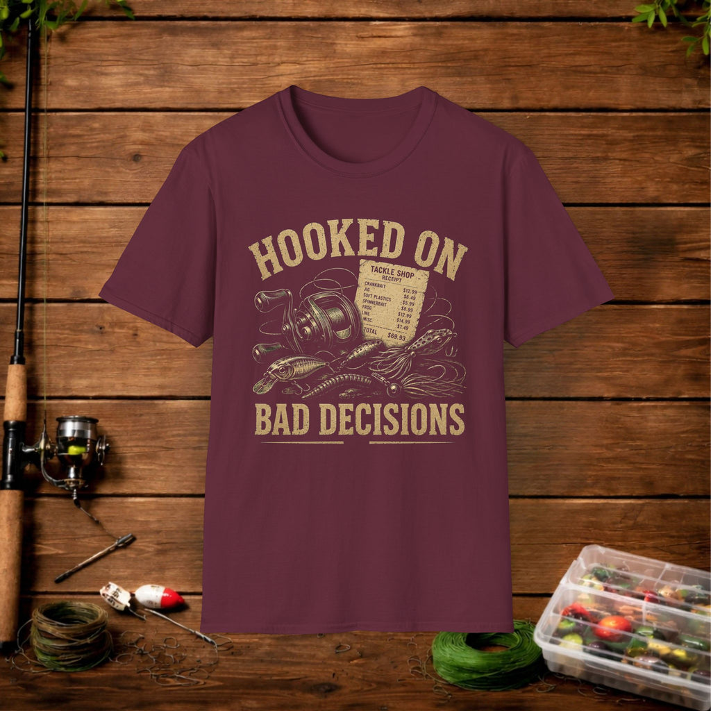 Hooked On Bad Decisions T‑Shirt — Funny Fishing Graphic Tee for Anglers & Outdoors