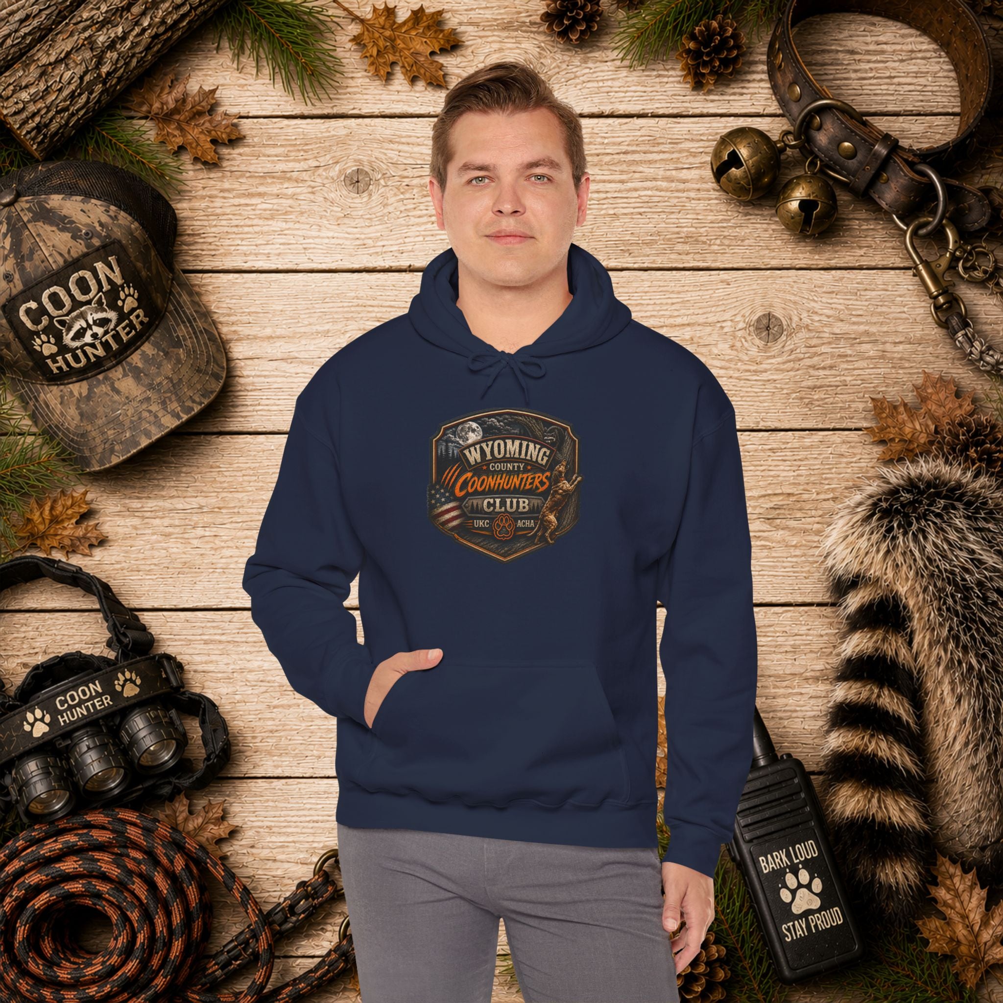 Wyoming Coonhunters Club Hoodie – Dual print badge front/banner back