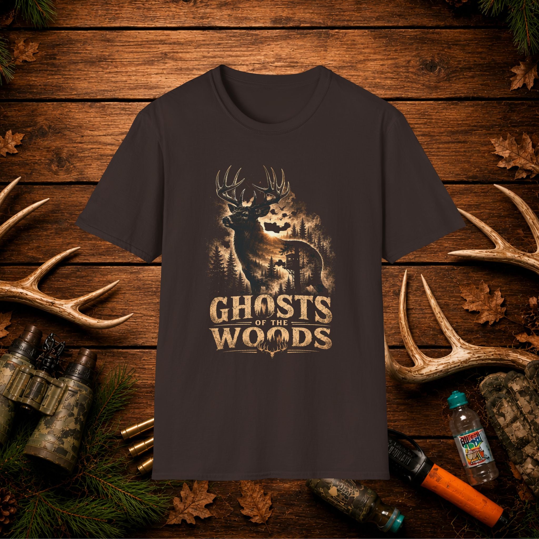 Ghosts of the Woods Deer Graphic T-Shirt — Moonlit Stag Forest Hunting Tee