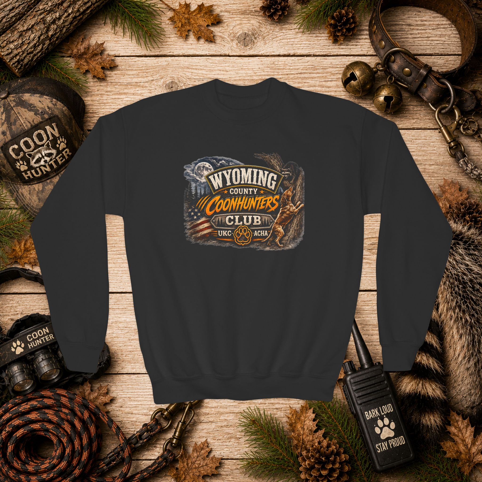 Wyoming Coonhunters Club Youth Crewneck Sweatshirt — Dual Print Banner front/Badge back